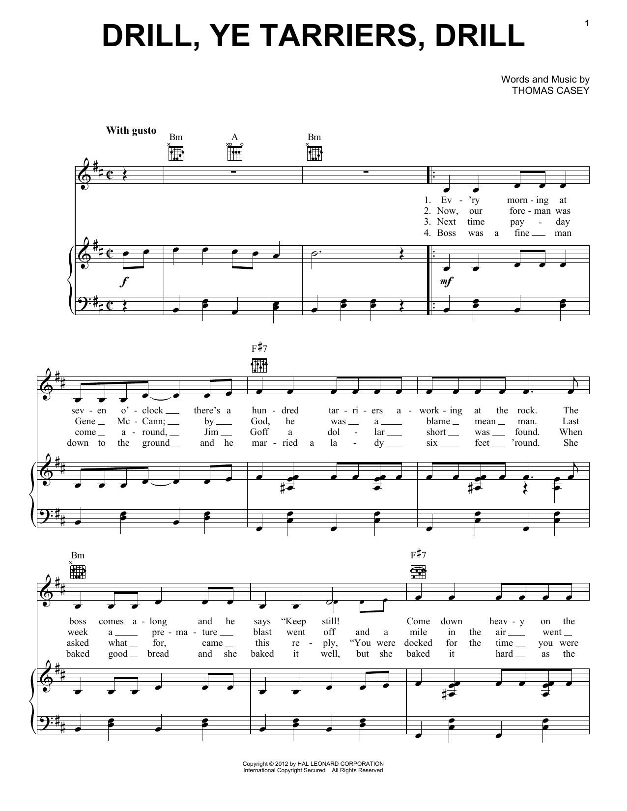 Thomas Casey Drill Ye Tarriers sheet music notes and chords arranged for Piano, Vocal & Guitar Chords (Right-Hand Melody)