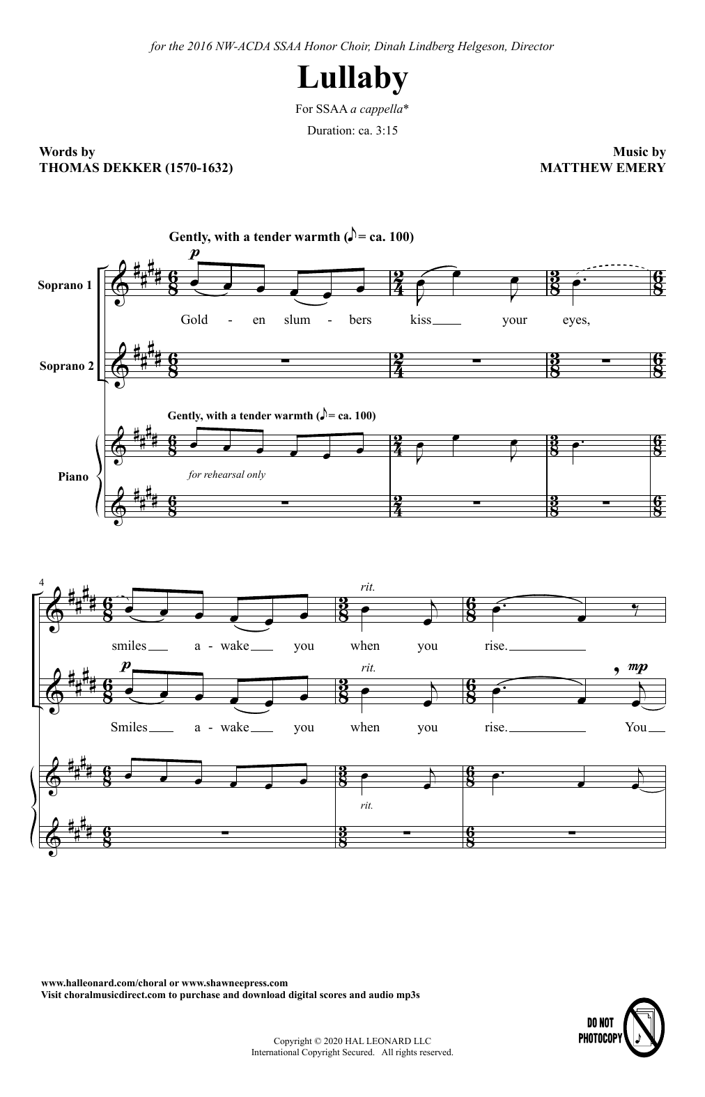 Thomas Dekker and Matthew Emery Lullaby sheet music notes and chords arranged for SSAA Choir