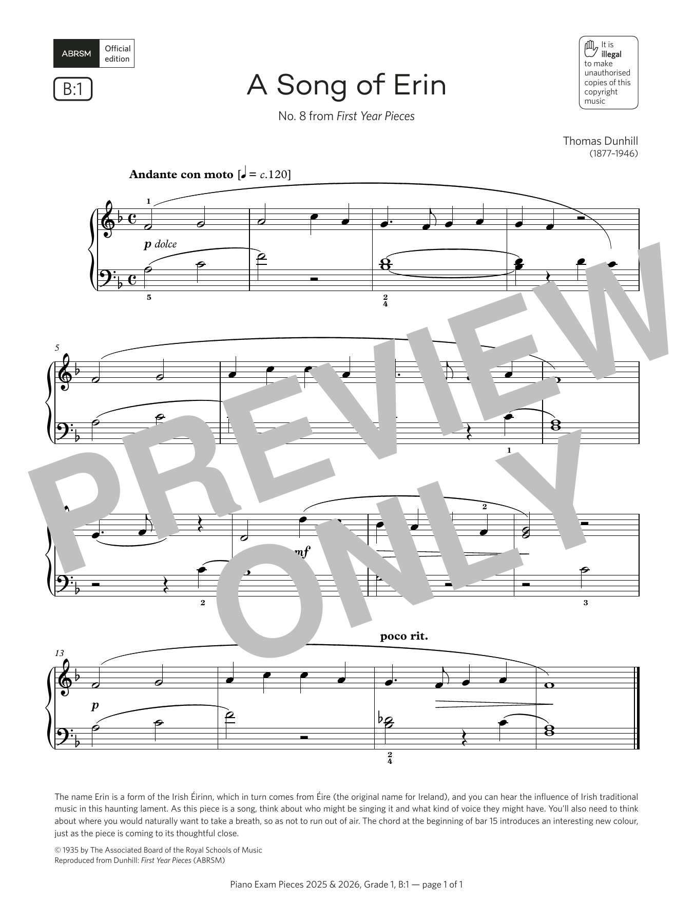 Thomas Dunhill A Song of Erin (Grade 1, list B1, from the ABRSM Piano Syllabus 2025 & 2026) sheet music notes and chords arranged for Piano Solo