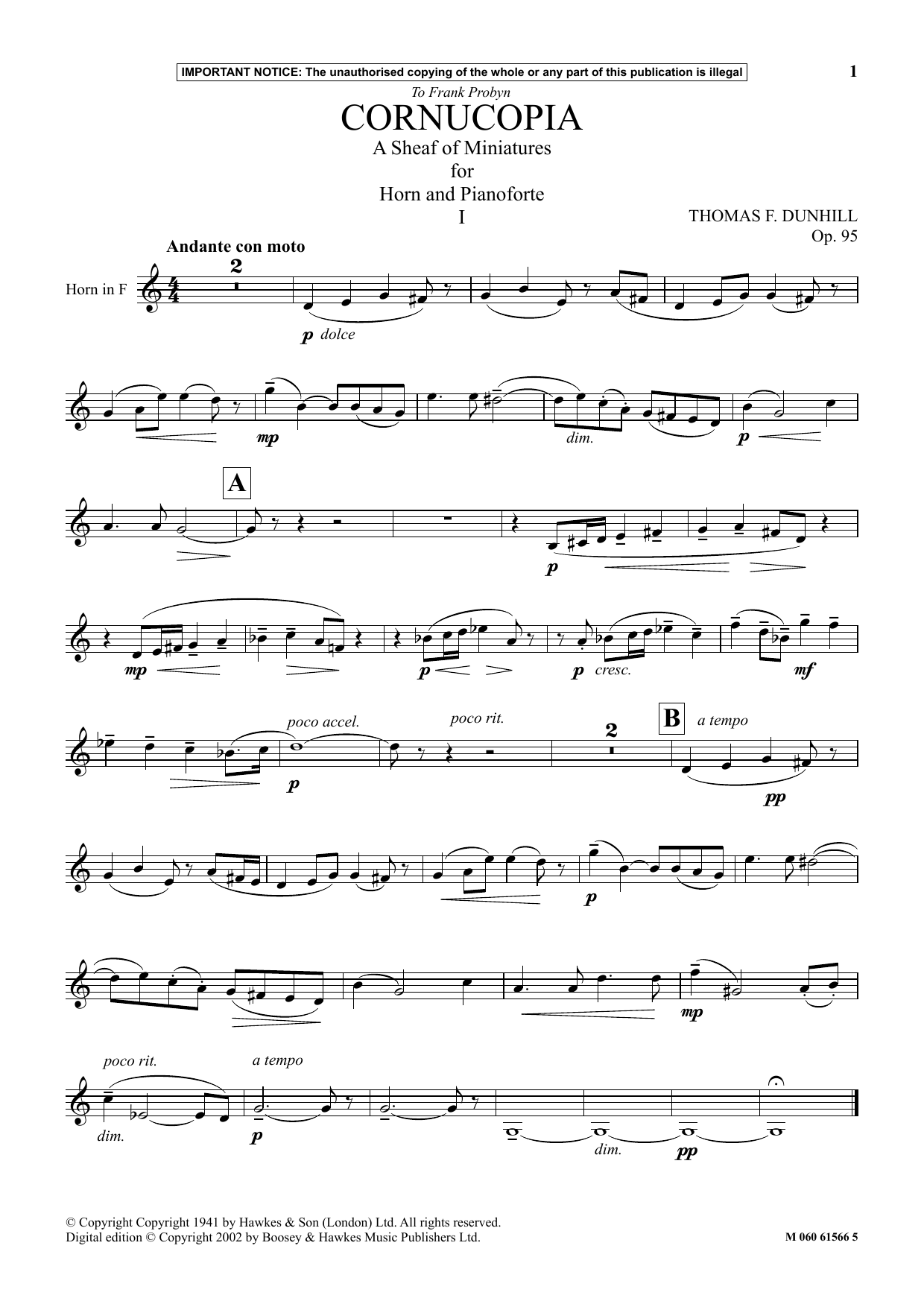 Thomas F. Dunhill Cornucopia - A Sheaf Of Miniatures For Horn And Pianoforte (I) sheet music notes and chords arranged for Instrumental Solo