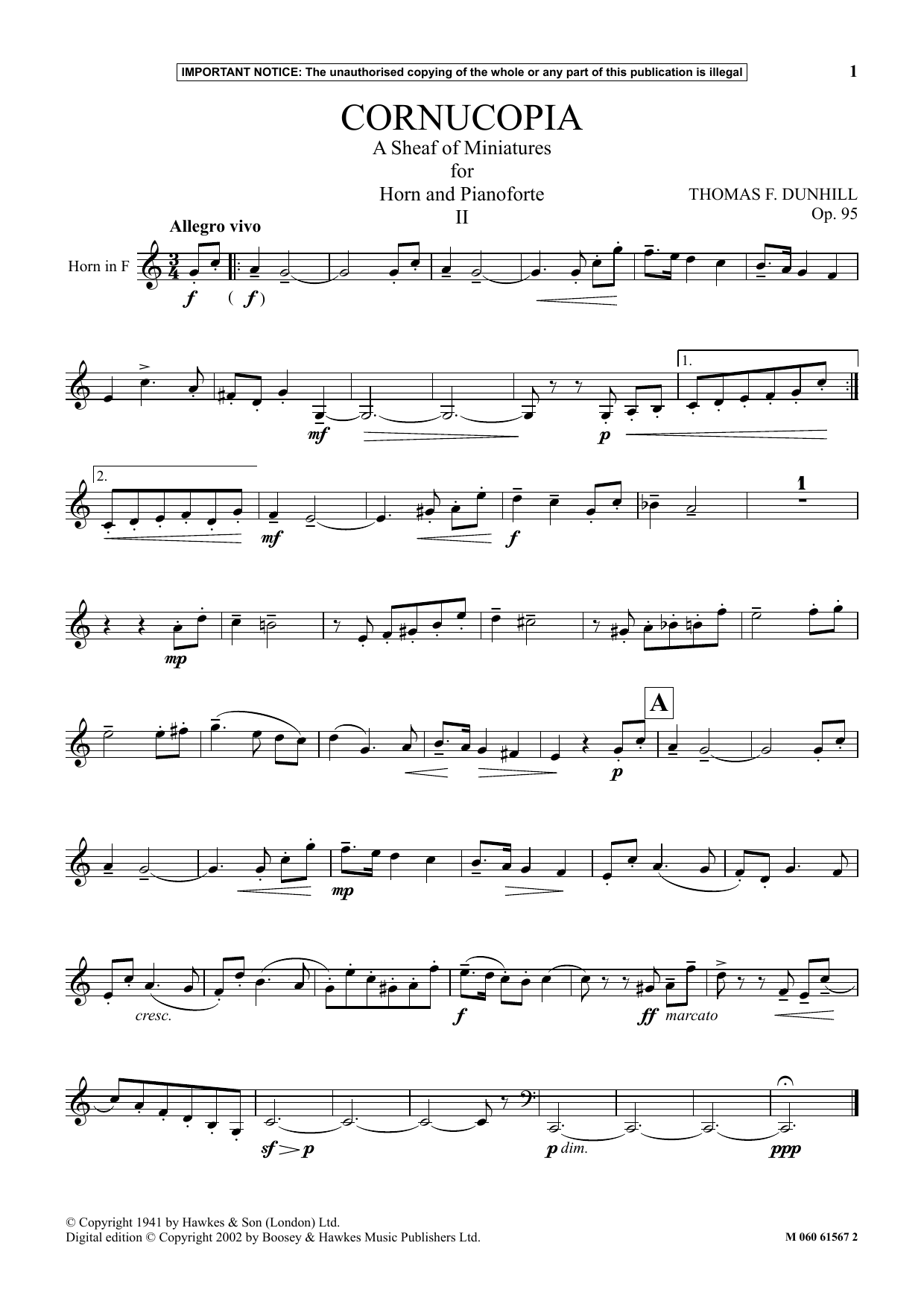 Thomas F. Dunhill Cornucopia - A Sheaf Of Miniatures For Horn And Pianoforte (II) sheet music notes and chords arranged for Instrumental Solo