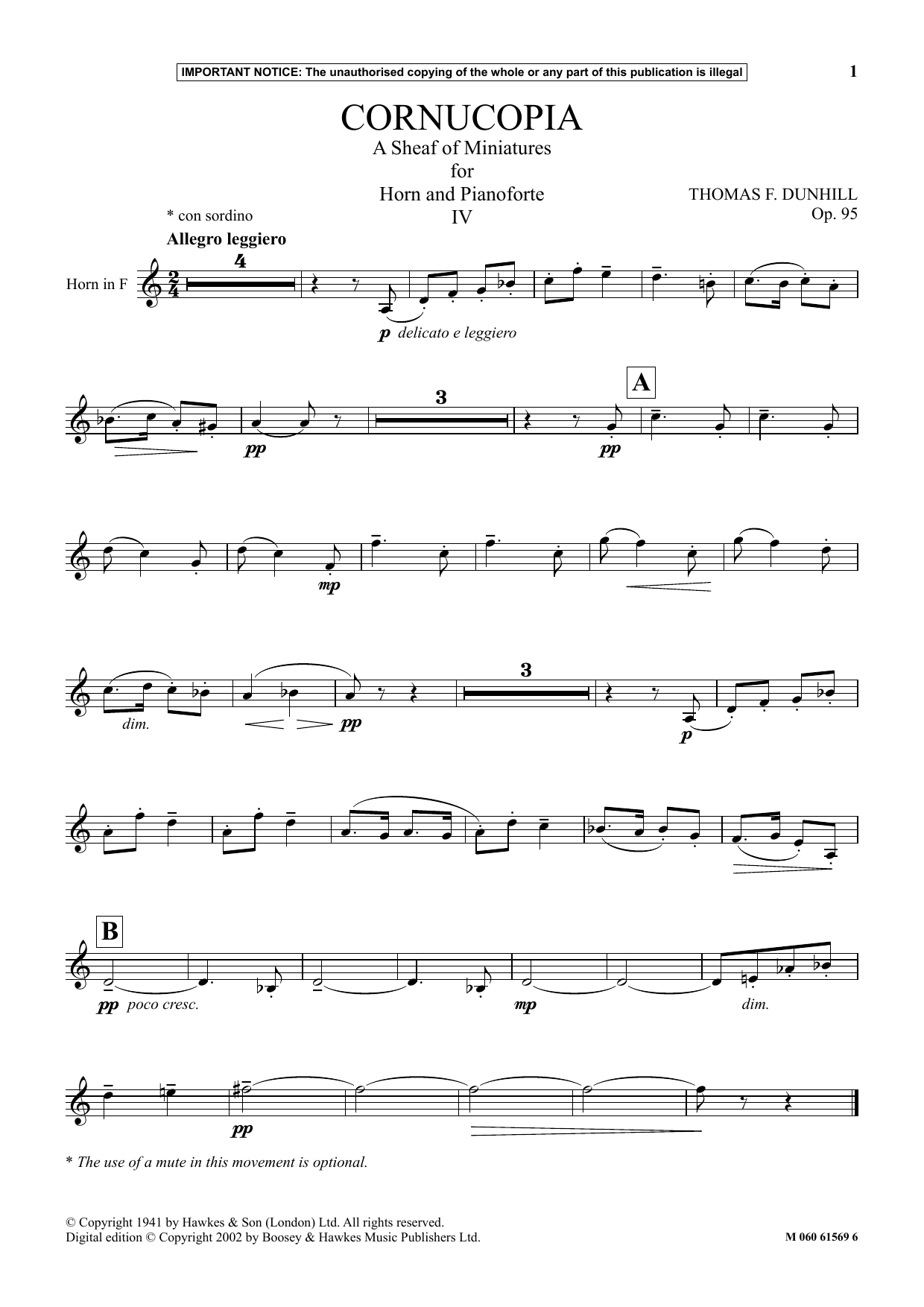 Thomas F. Dunhill Cornucopia - A Sheaf Of Miniatures For Horn And Pianoforte (IV) sheet music notes and chords arranged for Instrumental Solo