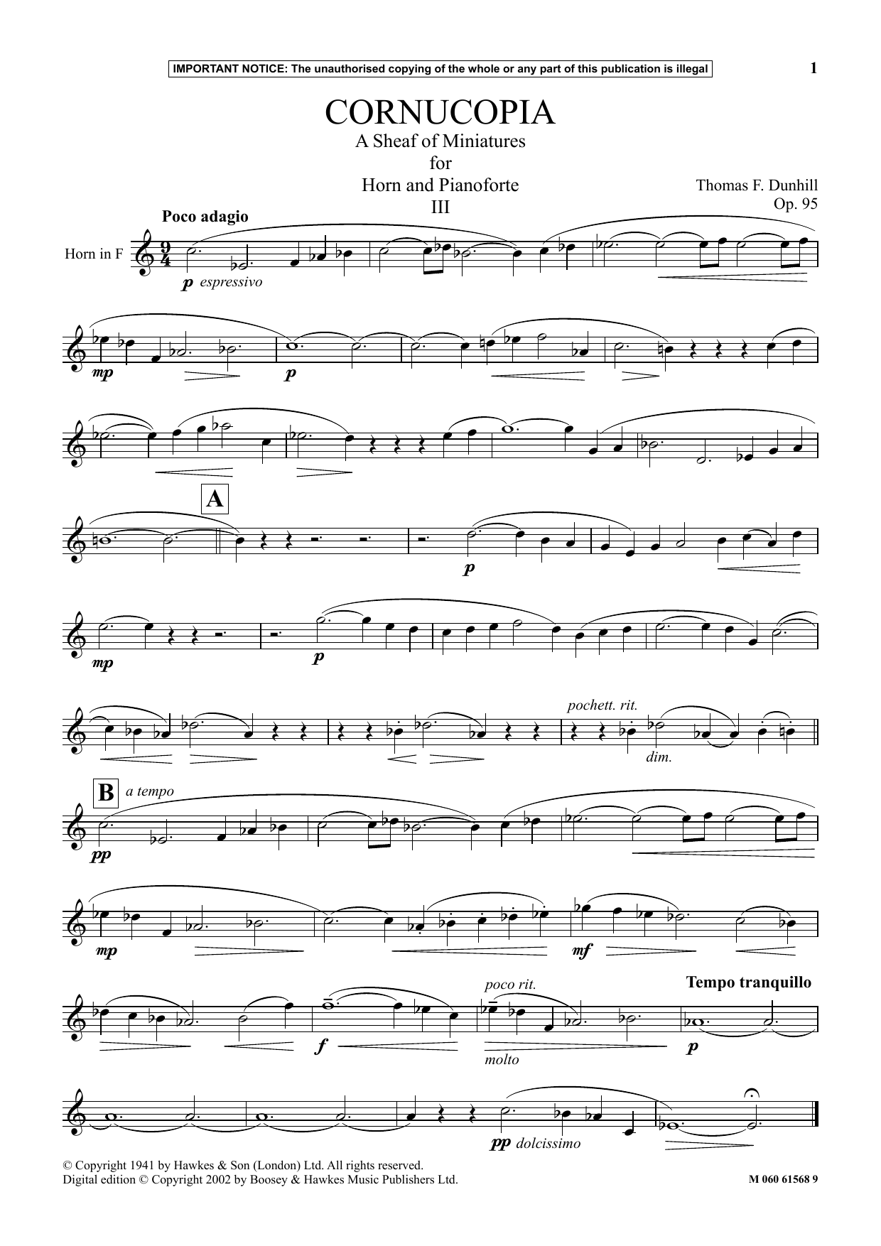 Thomas F. Dunhill Cornucopia- A Sheaf Of Miniatures For Horn And Pianoforte (III) sheet music notes and chords arranged for Instrumental Solo