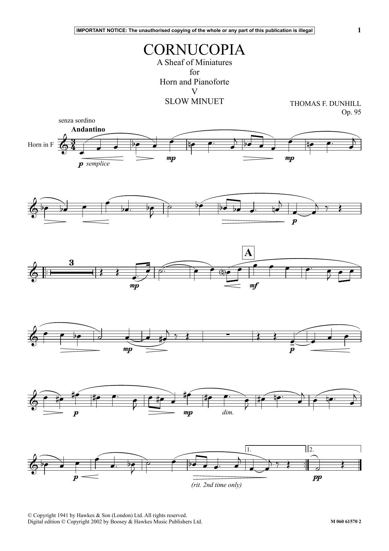 Thomas F. Dunhill Cornucopia: A Sheaf Of Miniatures For Horn And Pianoforte (V) sheet music notes and chords arranged for Instrumental Solo