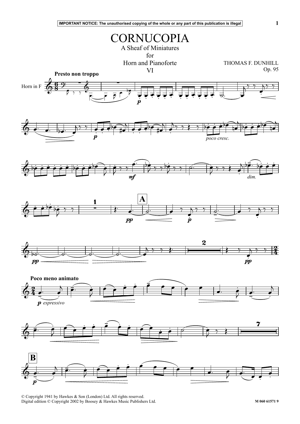 Thomas F. Dunhill Cornucopia: A Sheaf Of Miniatures For Horn And Pianoforte (VI) sheet music notes and chords arranged for Instrumental Solo