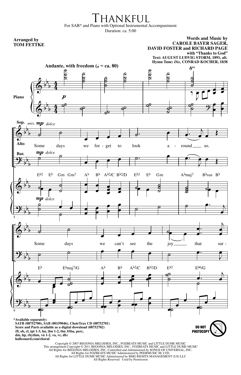 Tom Fettke Thankful sheet music notes and chords arranged for SAB Choir