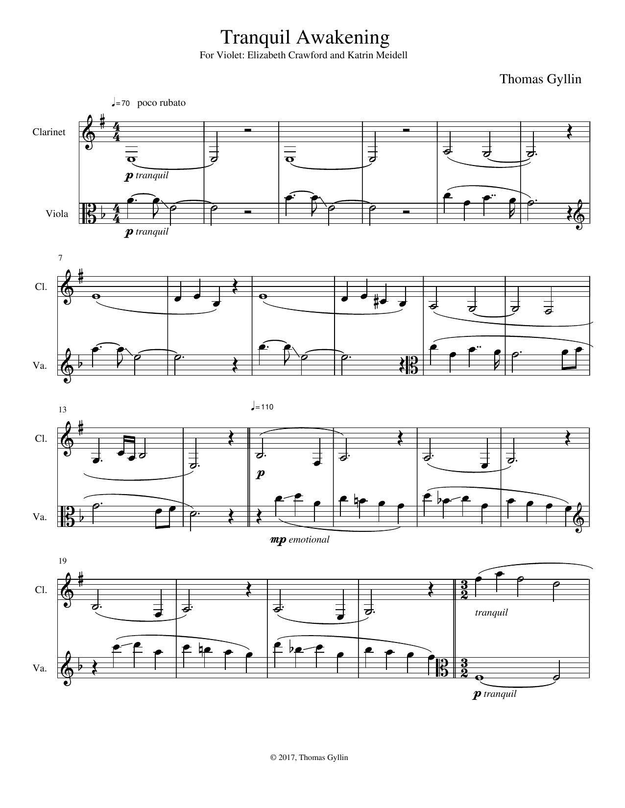 Thomas Gyllin Tranquil Awakening sheet music notes and chords arranged for Instrumental Duet