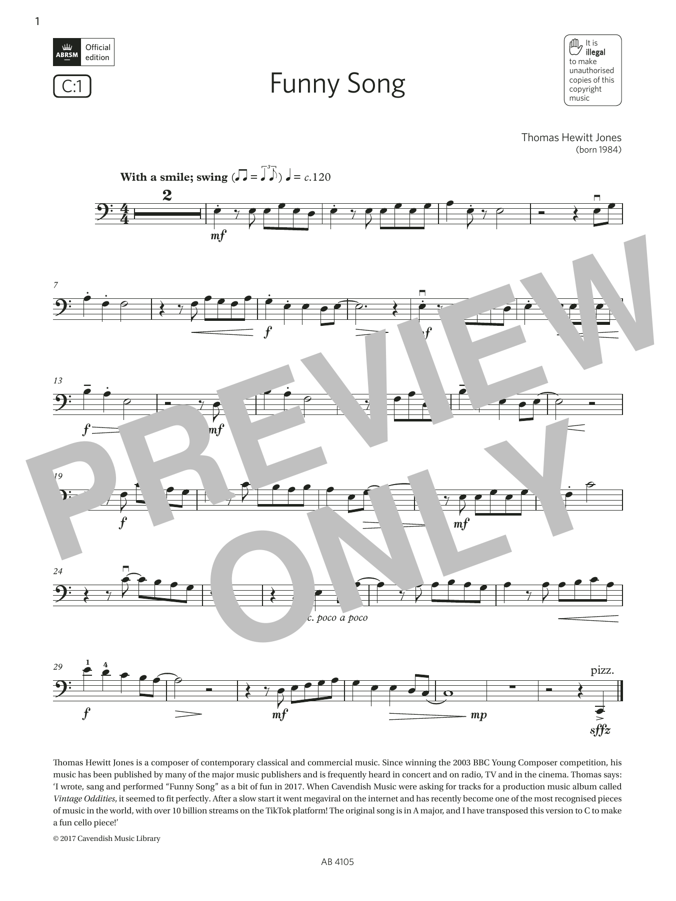 Thomas Hewitt Jones Funny Song (Grade 2, C1, from the ABRSM Cello Syllabus from 2024) sheet music notes and chords arranged for Cello Solo