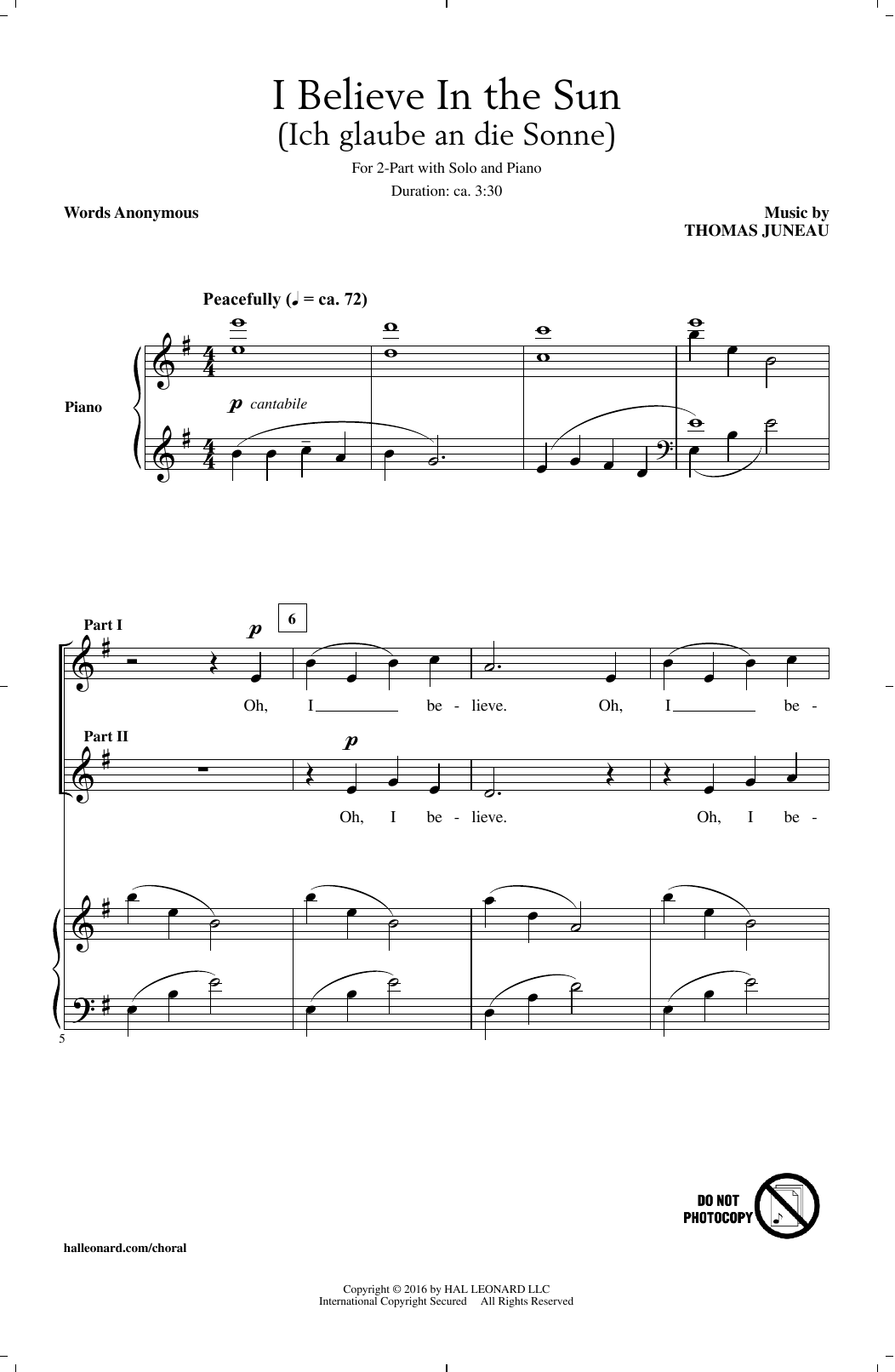 Thomas Juneau I Believe In The Sun (Ich Glaube An Die Sonne) sheet music notes and chords arranged for 2-Part Choir