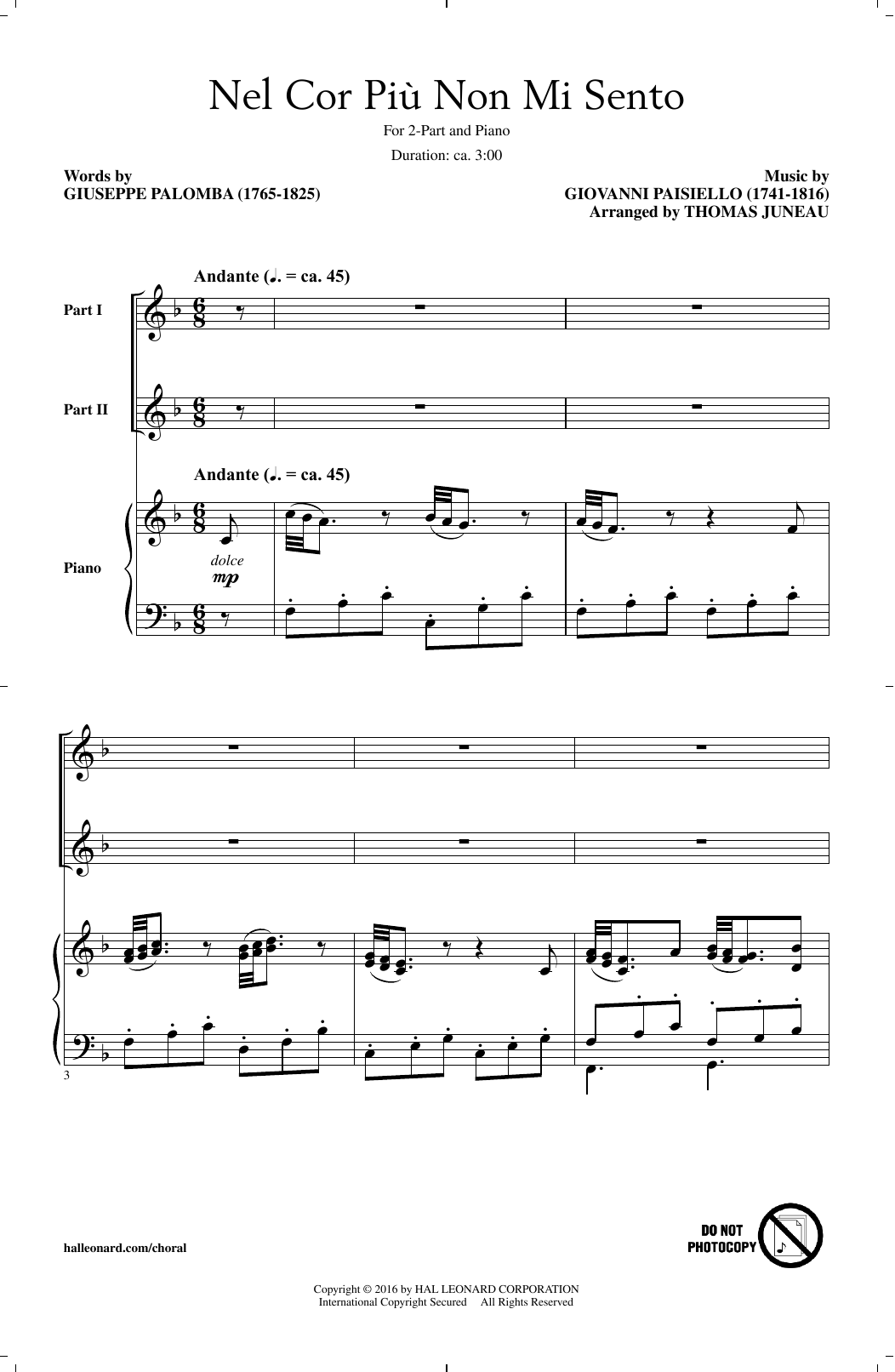 Thomas Juneau Nel Cor Piu Non Mi Sento sheet music notes and chords arranged for 2-Part Choir