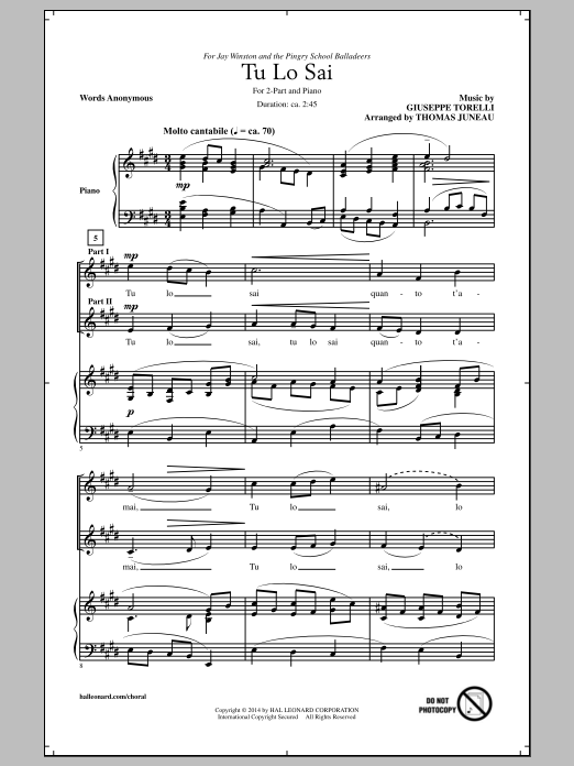 Thomas Juneau Tu Lo Sai sheet music notes and chords arranged for 2-Part Choir