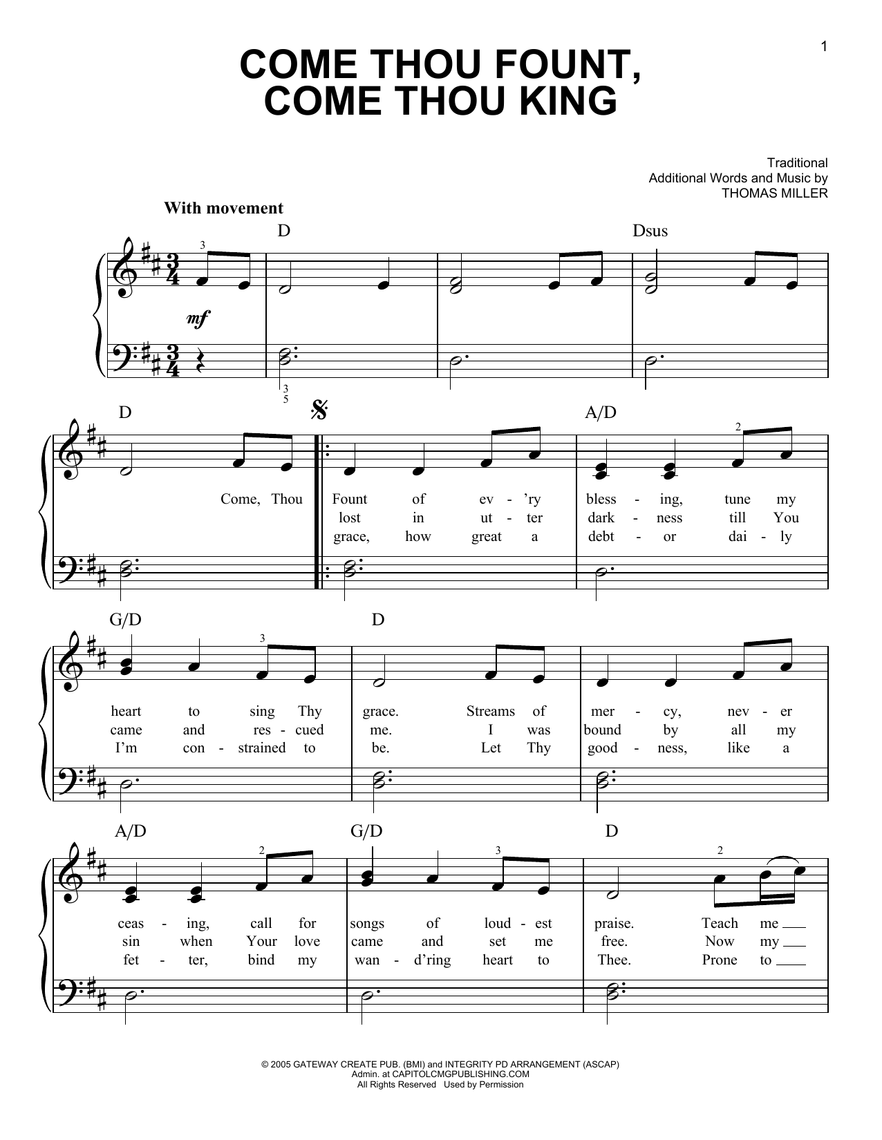 Thomas Miller Come Thou Fount, Come Thou King sheet music notes and chords arranged for Very Easy Piano