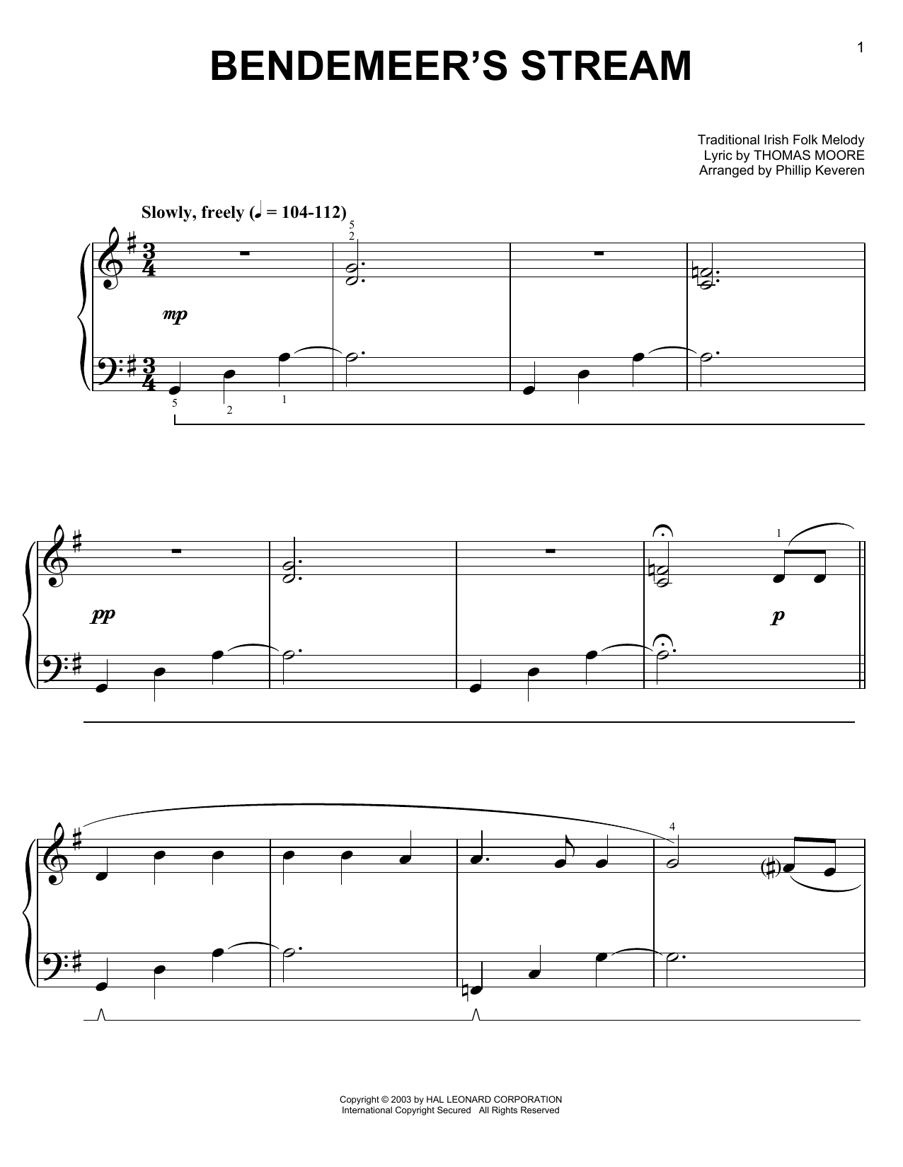 Thomas Moore Bendemeer's Stream (arr. Phillip Keveren) sheet music notes and chords arranged for Easy Piano
