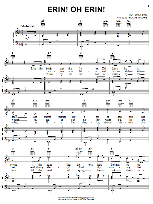 Thomas Moore Erin! Oh Erin! sheet music notes and chords arranged for Piano, Vocal & Guitar Chords (Right-Hand Melody)