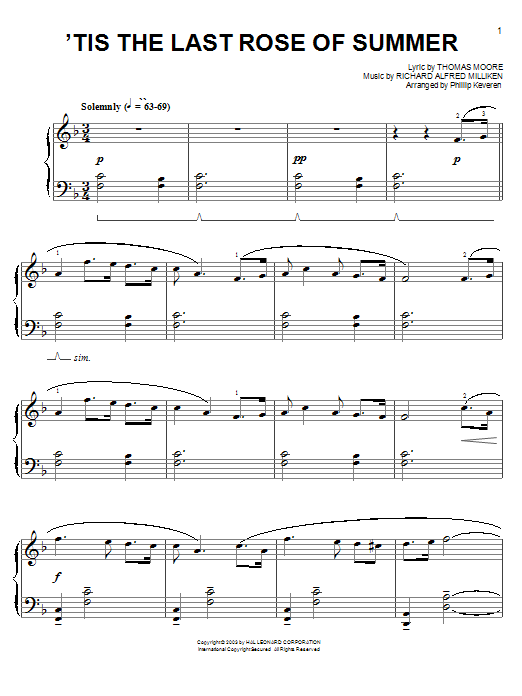Thomas Moore 'Tis The Last Rose Of Summer (arr. Phillip Keveren) sheet music notes and chords arranged for Easy Piano