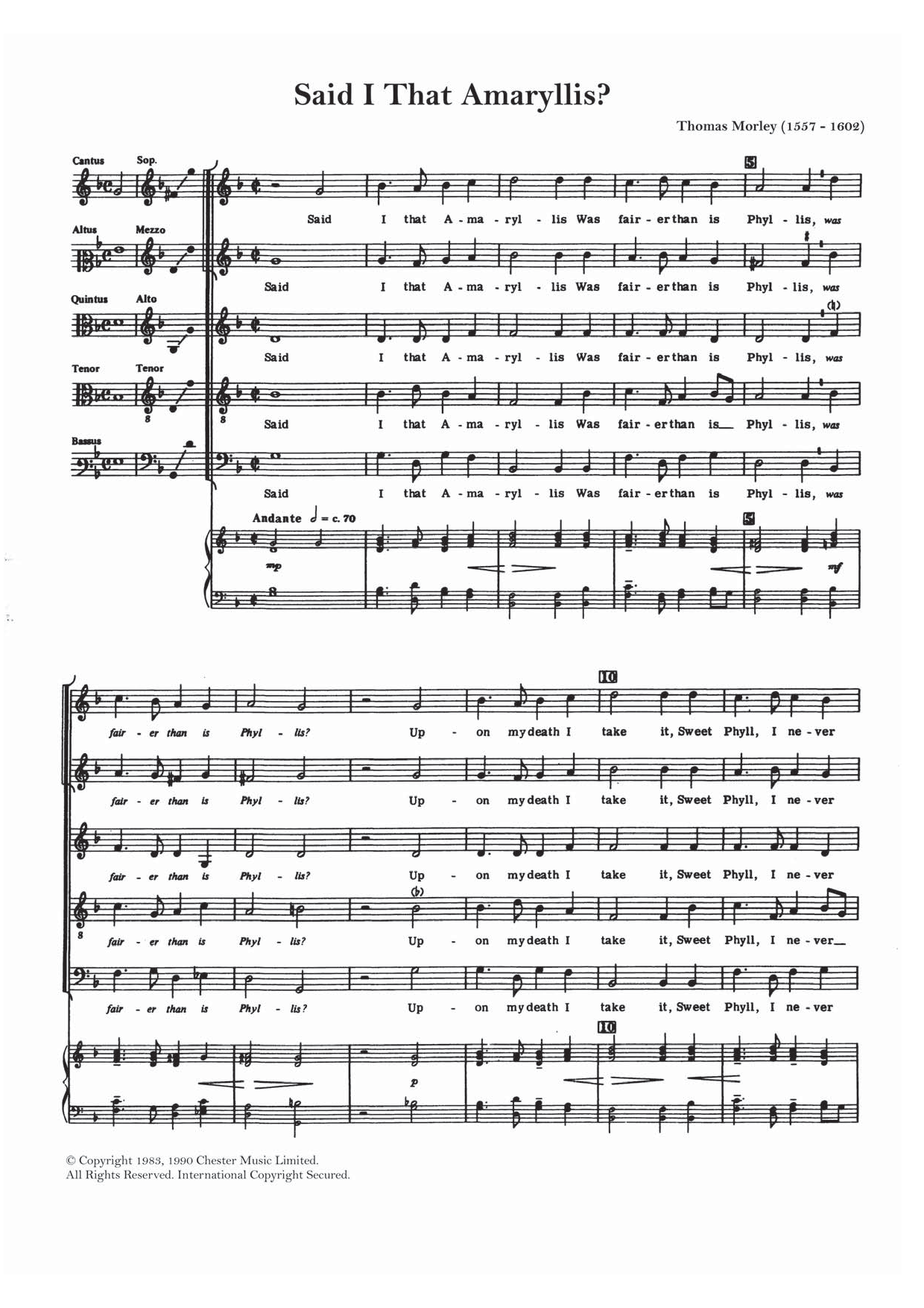 Thomas Morley Said I That Amaryllis? sheet music notes and chords arranged for Choir