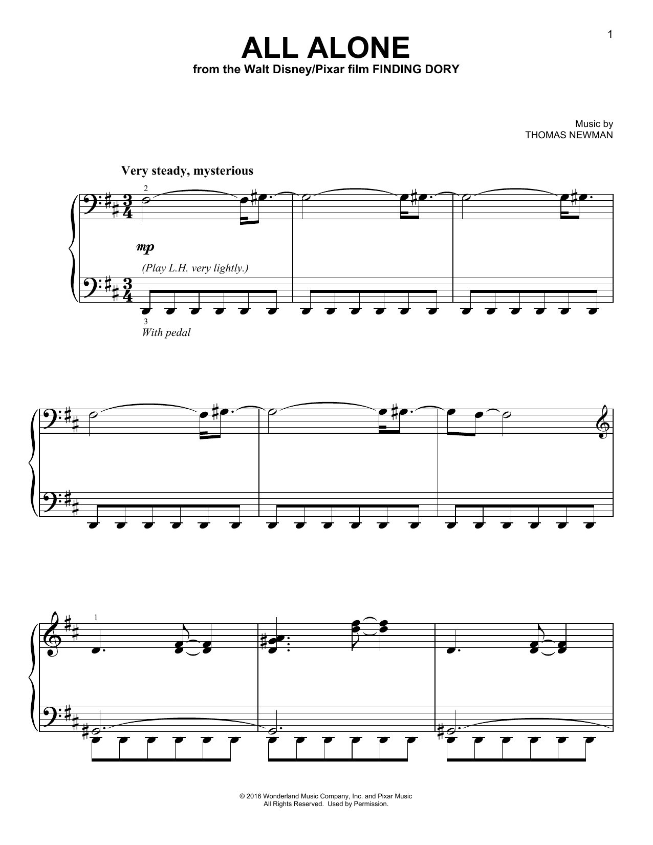 Thomas Newman All Alone (from Finding Dory) sheet music notes and chords arranged for Easy Piano