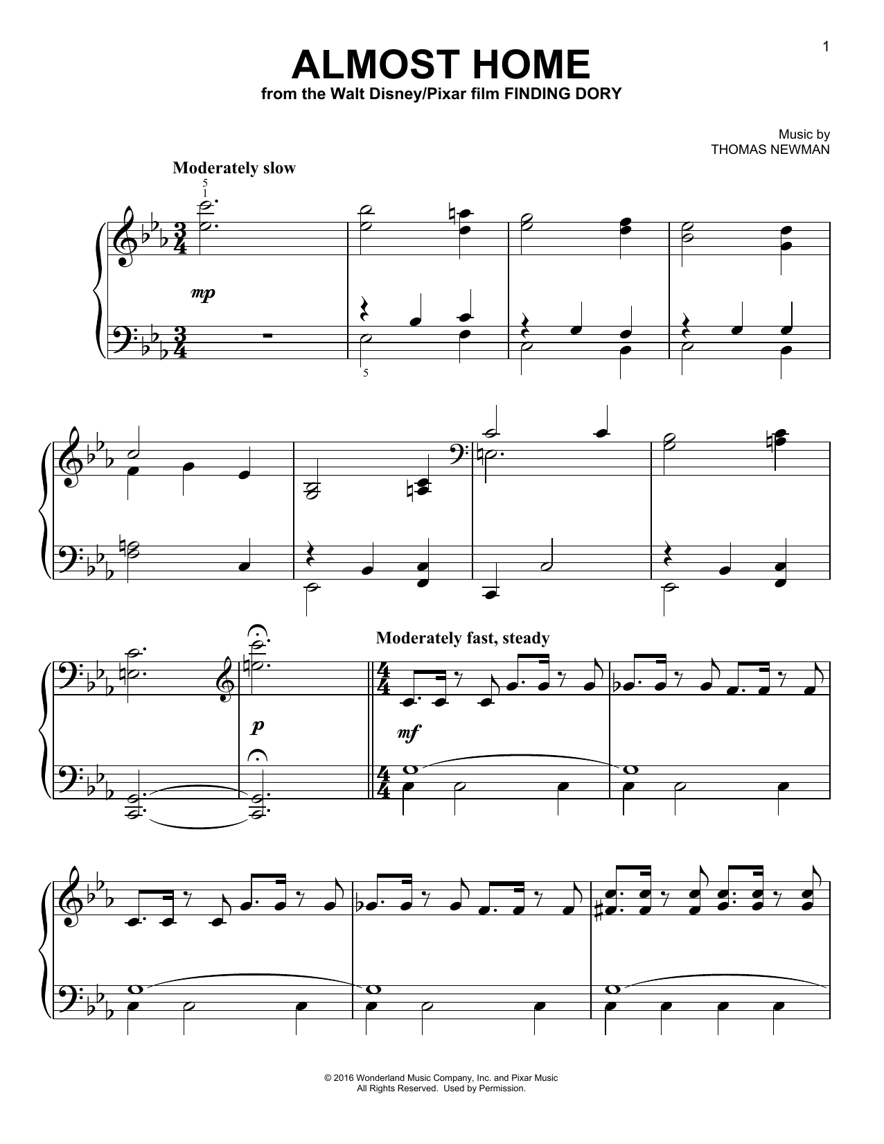 Thomas Newman Almost Home (from Finding Dory) sheet music notes and chords arranged for Piano Solo