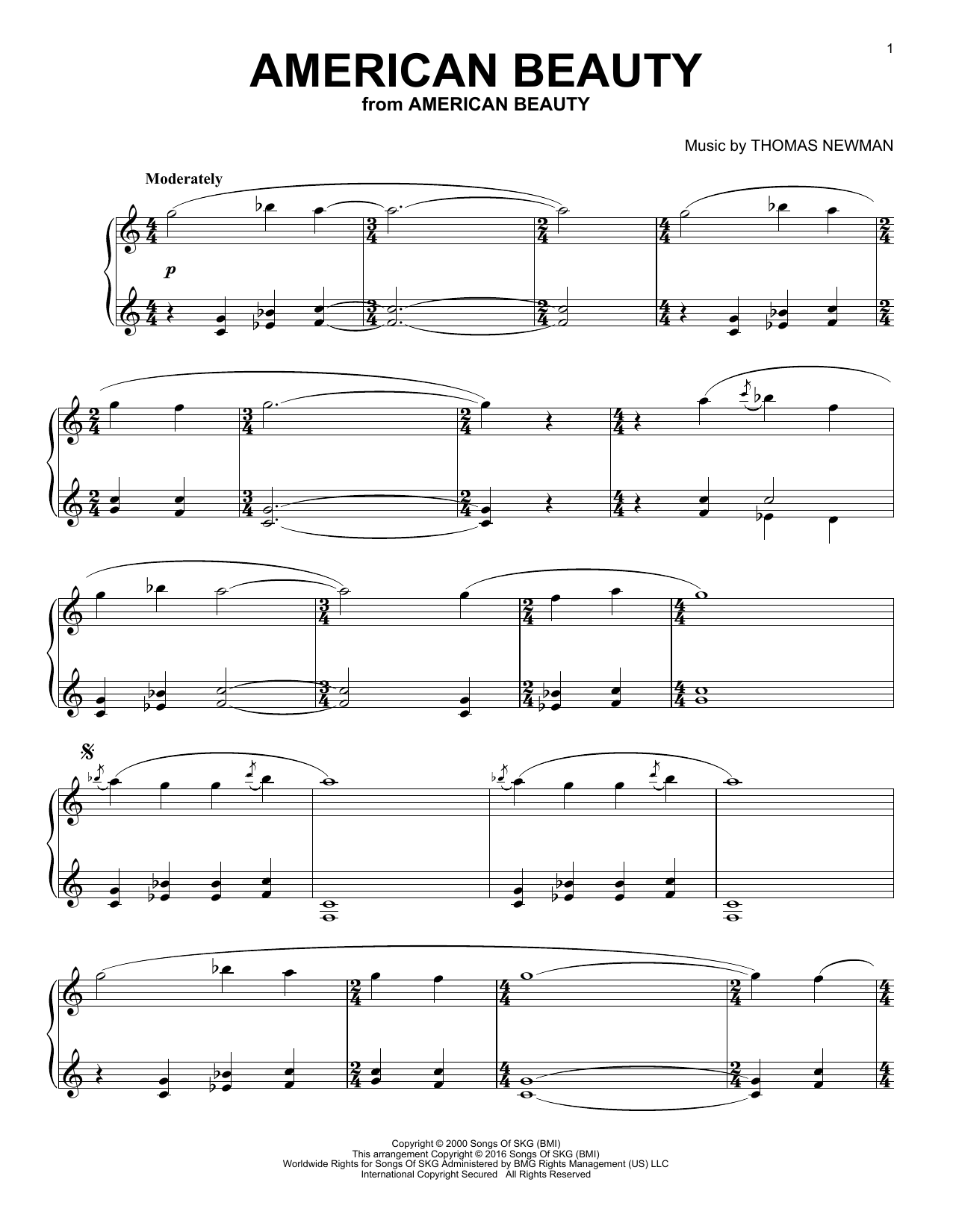 Thomas Newman American Beauty sheet music notes and chords arranged for Piano Solo