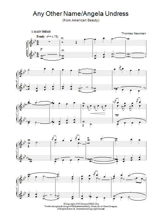 Thomas Newman Any Other Name/Angela Undress (from American Beauty) sheet music notes and chords arranged for Piano Solo