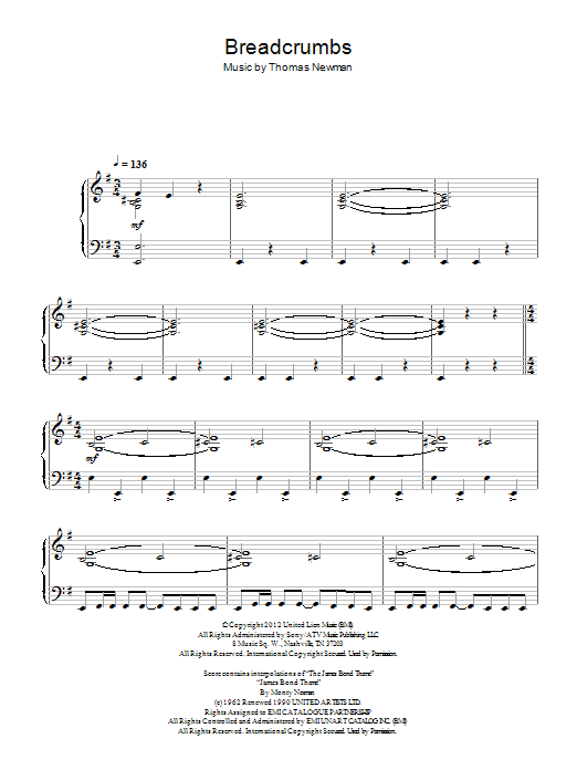 Thomas Newman Breadcrumbs sheet music notes and chords arranged for Piano Solo