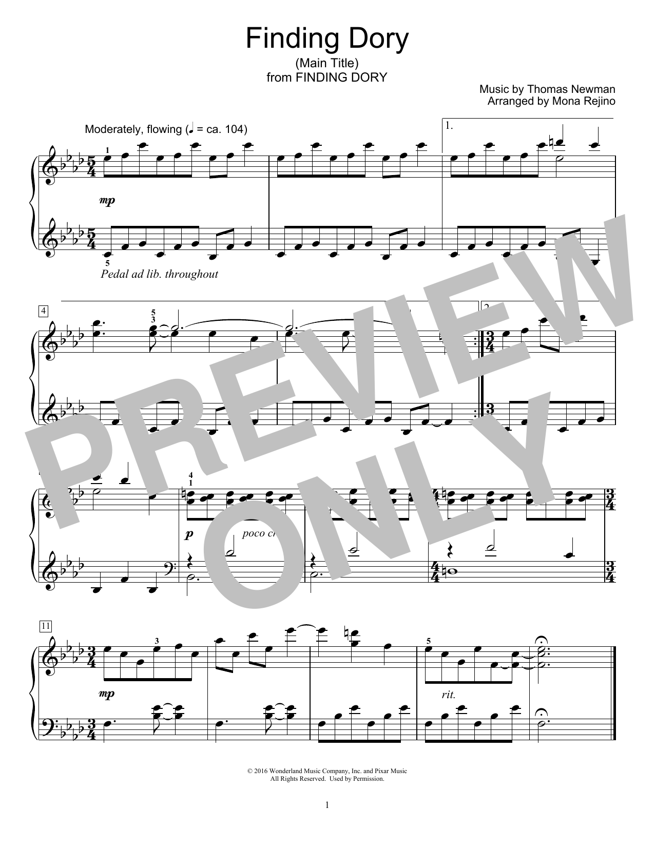 Thomas Newman Finding Dory (Main Title) (arr. Mona Rejino) sheet music notes and chords arranged for Educational Piano