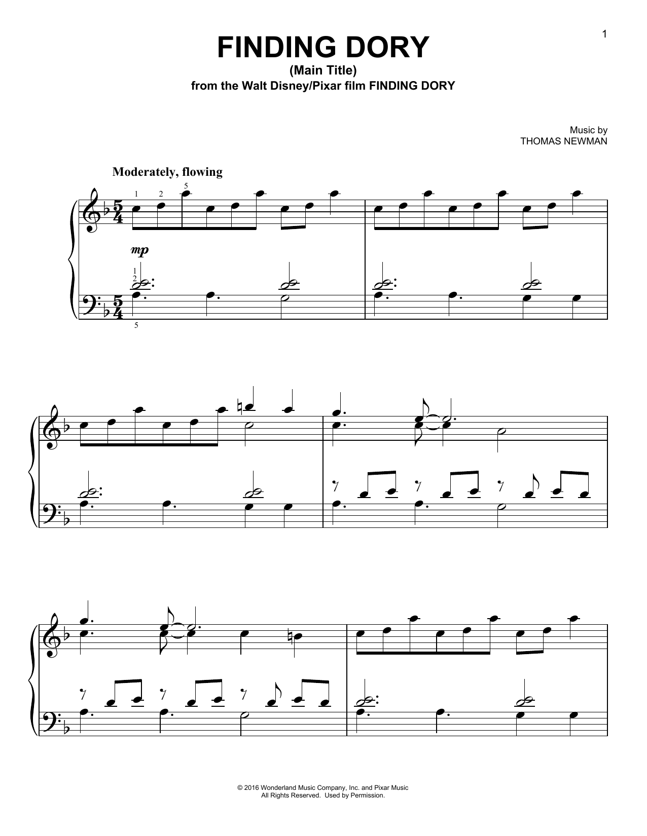 Thomas Newman Finding Dory (Main Title) sheet music notes and chords arranged for Piano Solo