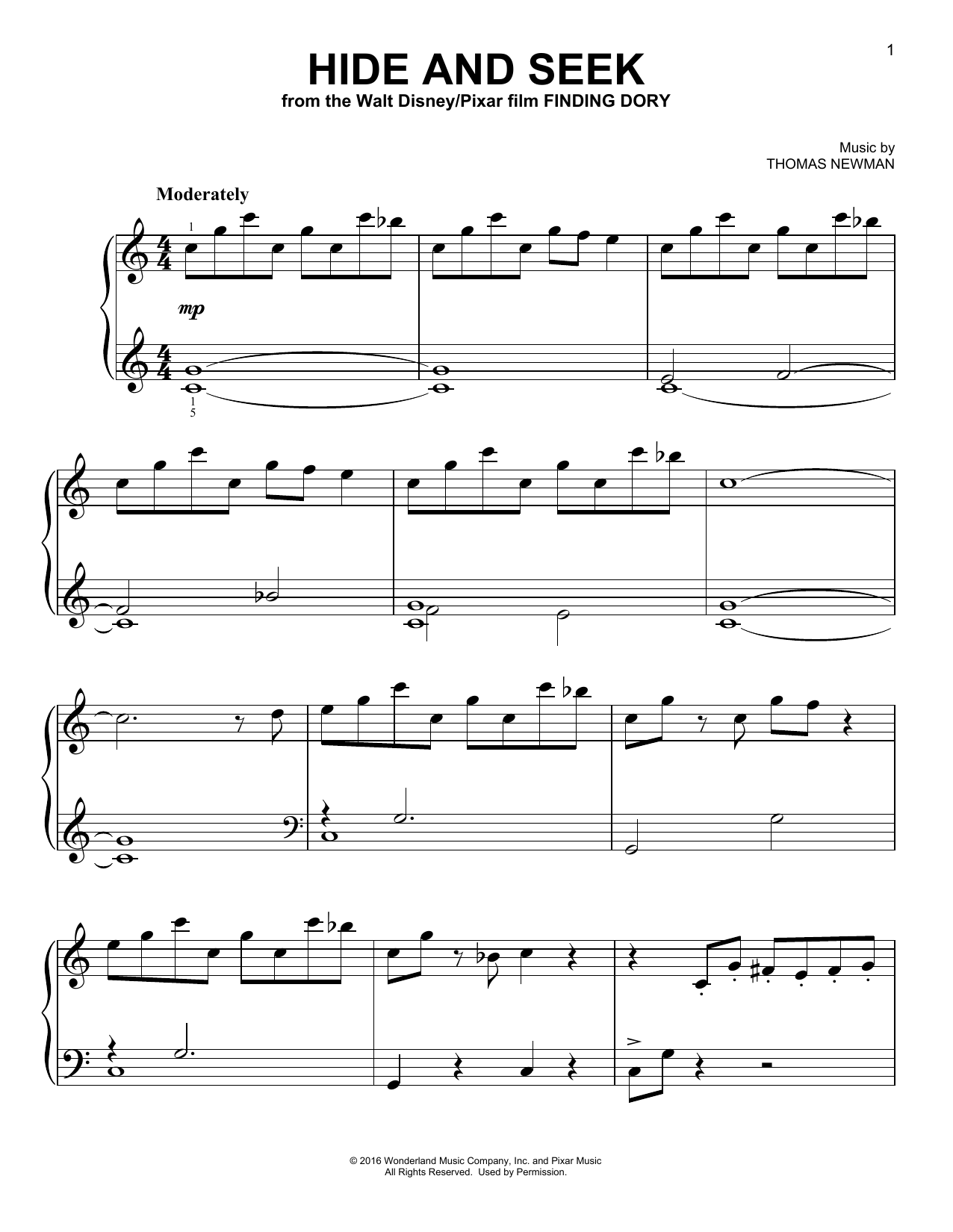 Thomas Newman Hide And Seek (from Finding Dory) sheet music notes and chords arranged for Easy Piano