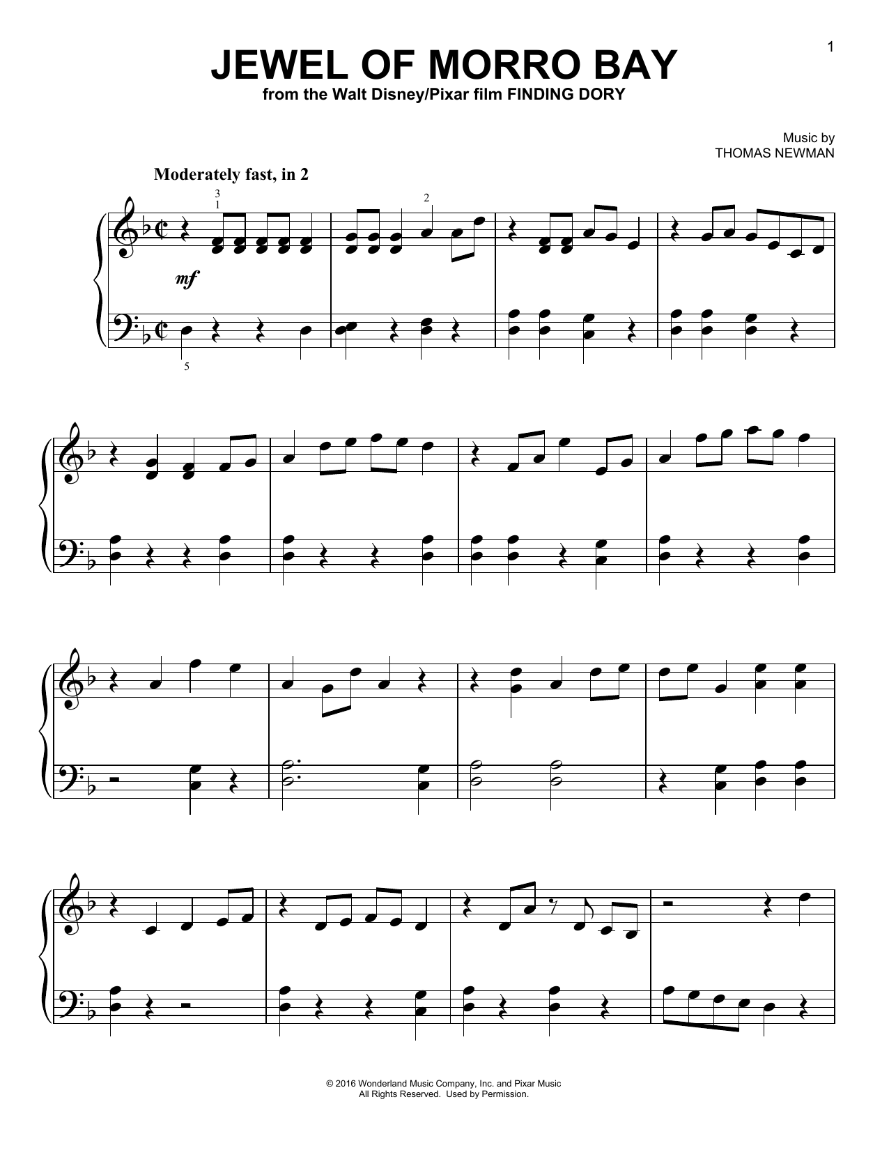 Thomas Newman Jewel Of Morro Bay (from Finding Dory) sheet music notes and chords arranged for Piano Solo