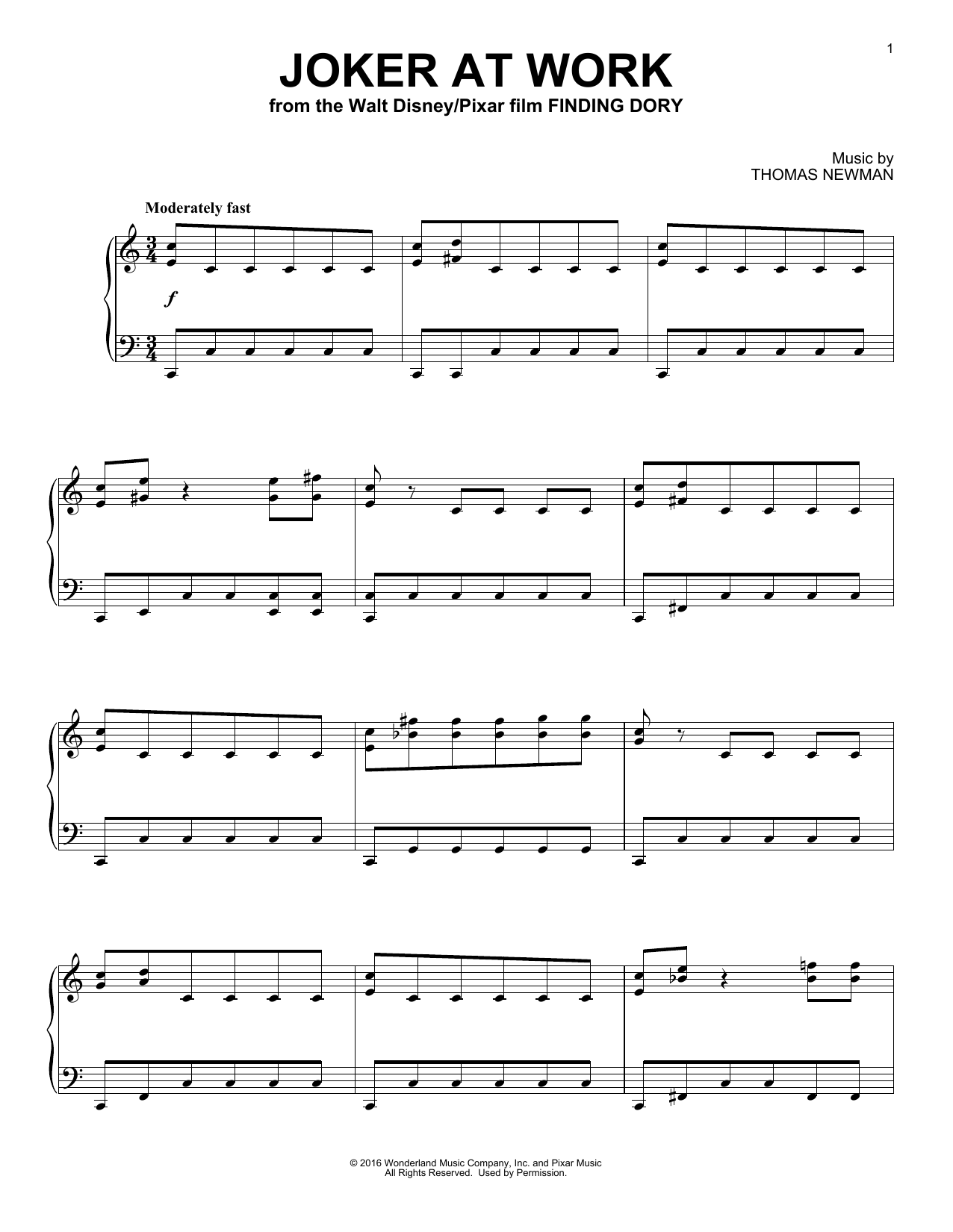 Thomas Newman Joker At Work (from Finding Dory) sheet music notes and chords arranged for Piano Solo
