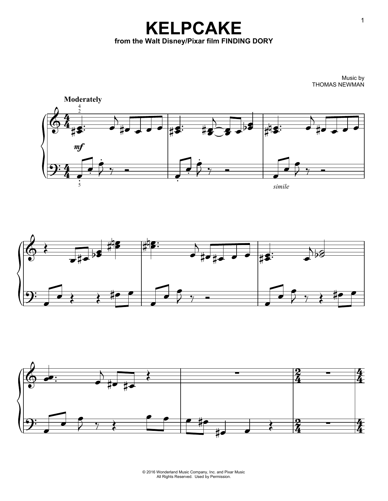 Thomas Newman Kelpcake (from Finding Dory) sheet music notes and chords arranged for Piano Solo