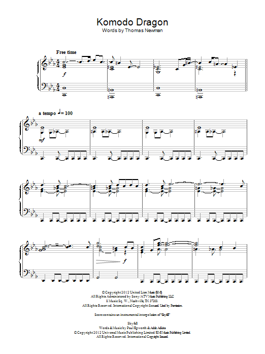 Thomas Newman Komodo Dragon sheet music notes and chords arranged for Piano Solo
