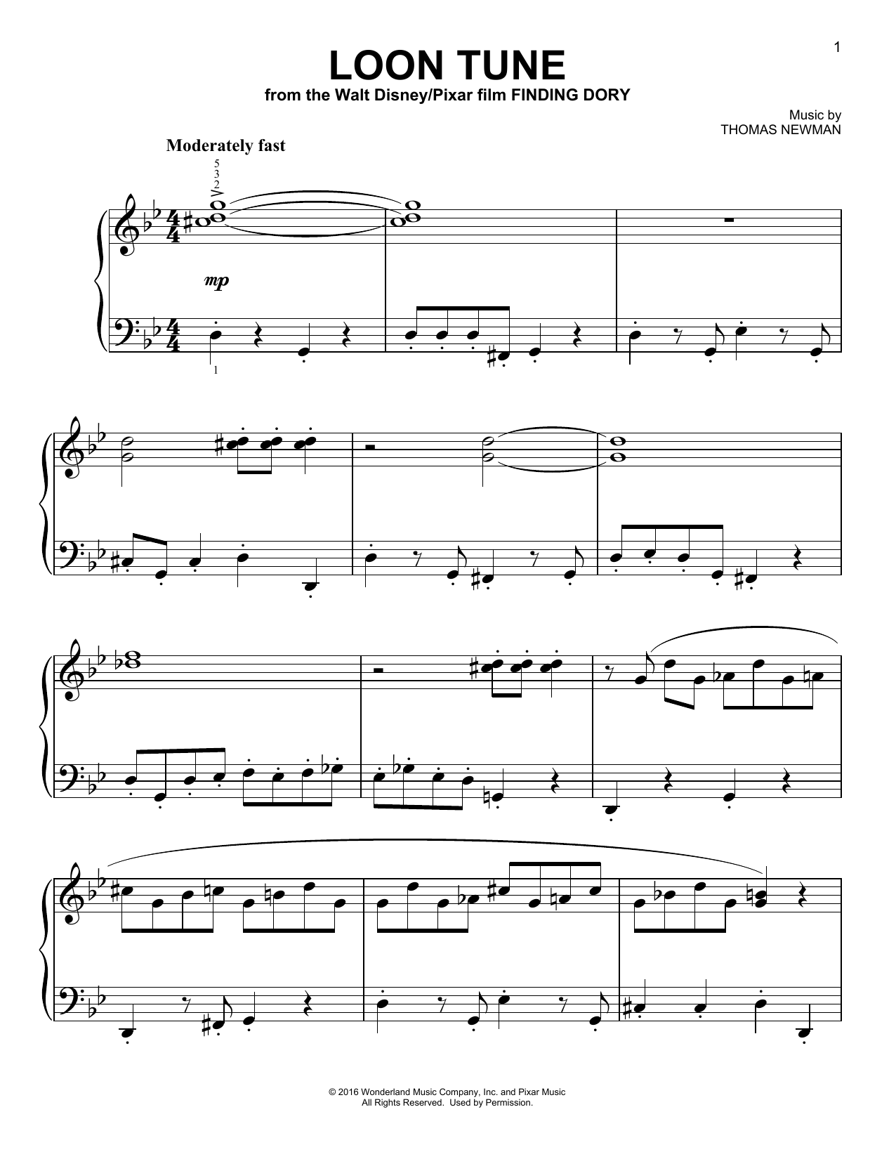 Thomas Newman Loon Tune (from Finding Dory) sheet music notes and chords arranged for Easy Piano