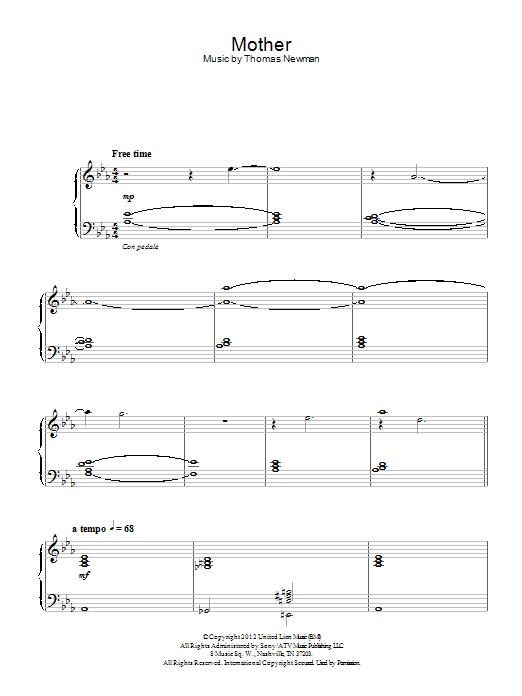 Thomas Newman Mother sheet music notes and chords arranged for Piano Solo
