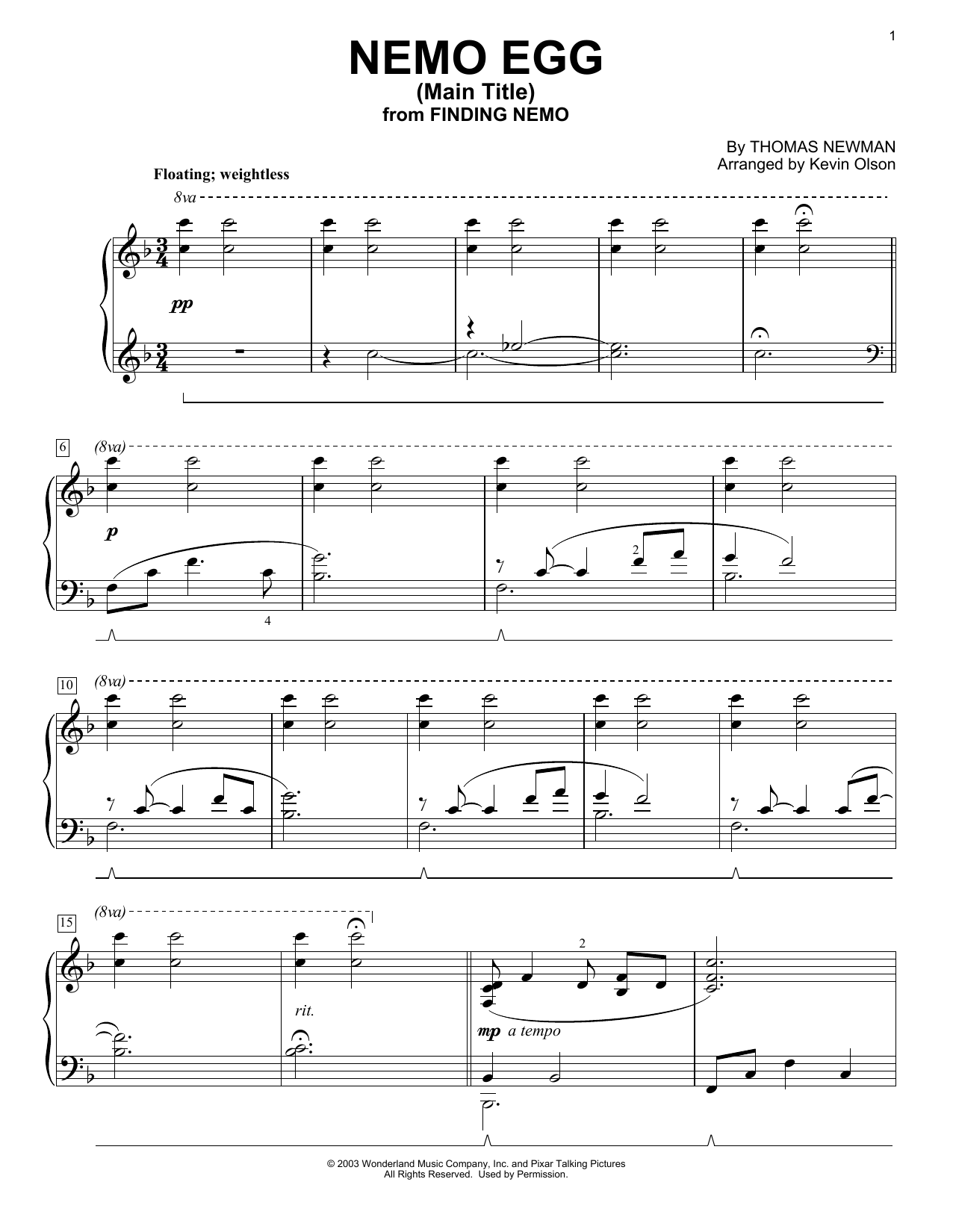 Thomas Newman Nemo Egg (Main Title) (from Finding Nemo) (arr. Kevin Olson) sheet music notes and chords arranged for Easy Piano Solo