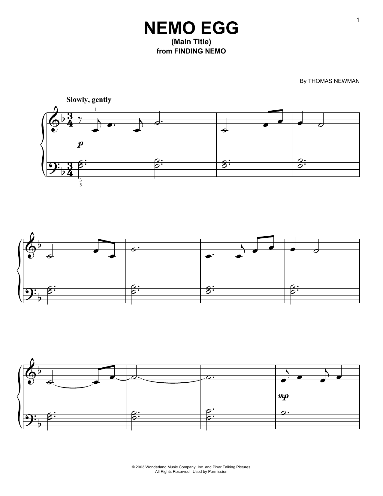 Thomas Newman Nemo Egg (Main Title) (from Finding Nemo) sheet music notes and chords arranged for Easy Piano
