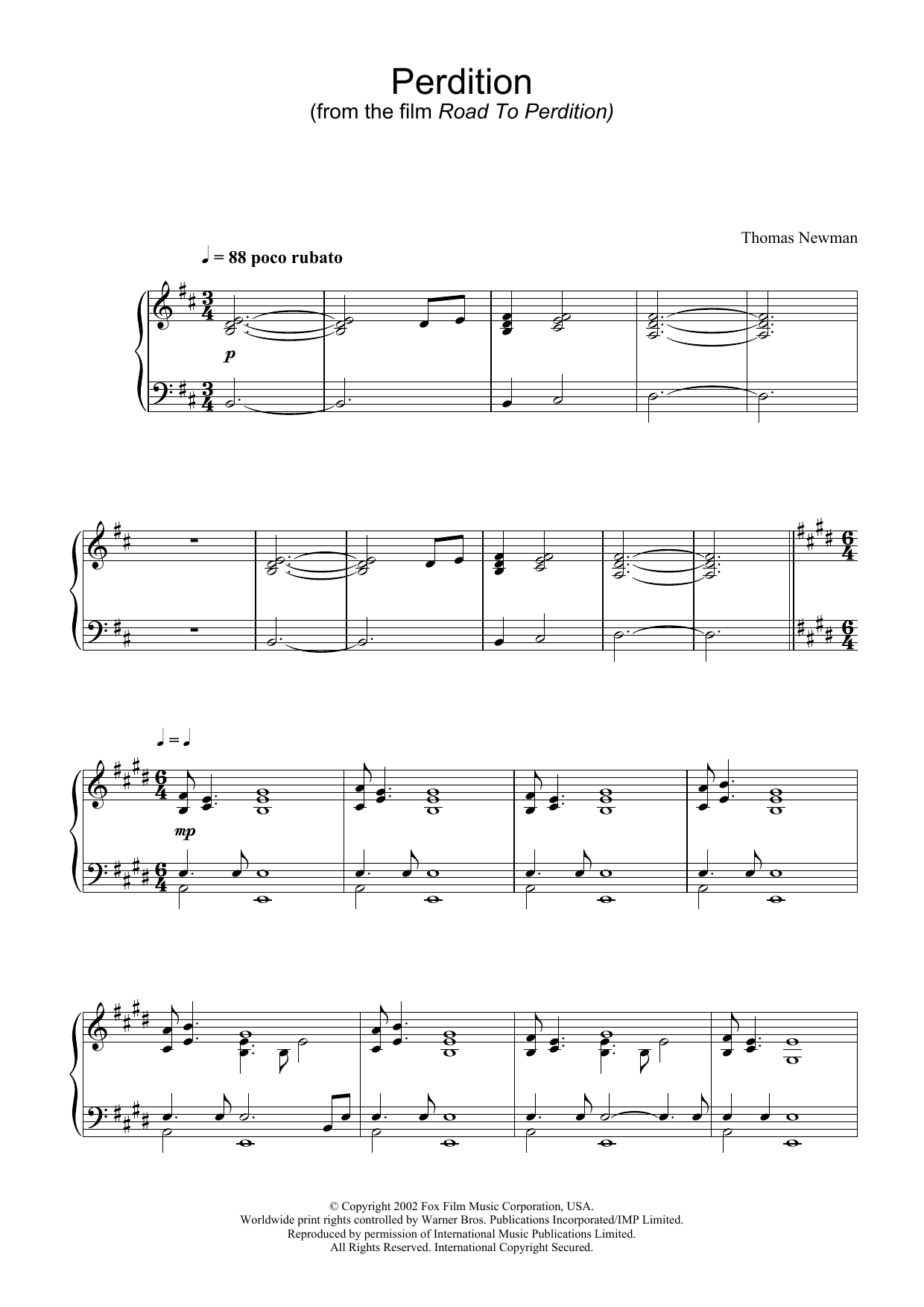 Thomas Newman Perdition (from Road To Perdition) sheet music notes and chords arranged for Piano Solo
