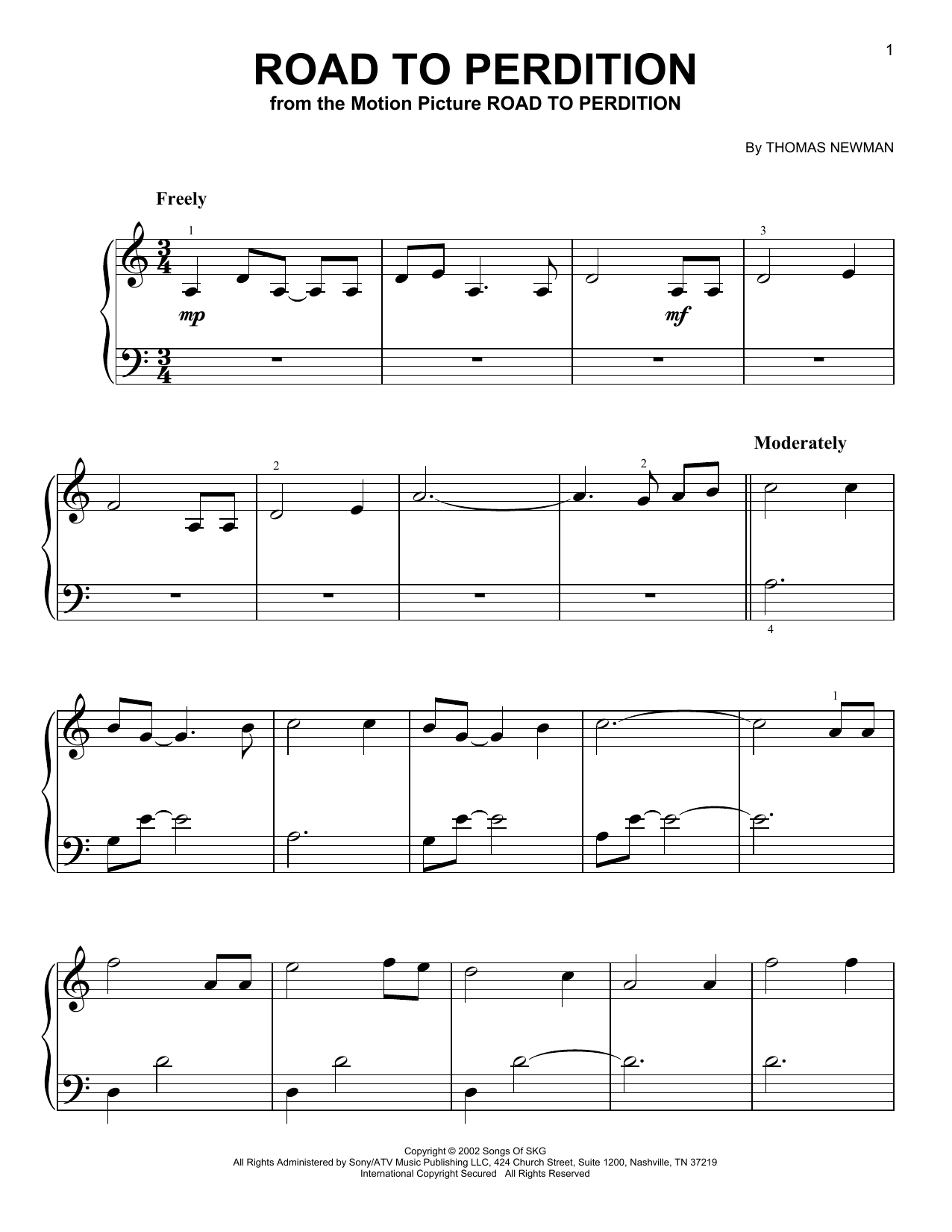 Thomas Newman Road To Perdition (from Road to Perdition) sheet music notes and chords arranged for Very Easy Piano