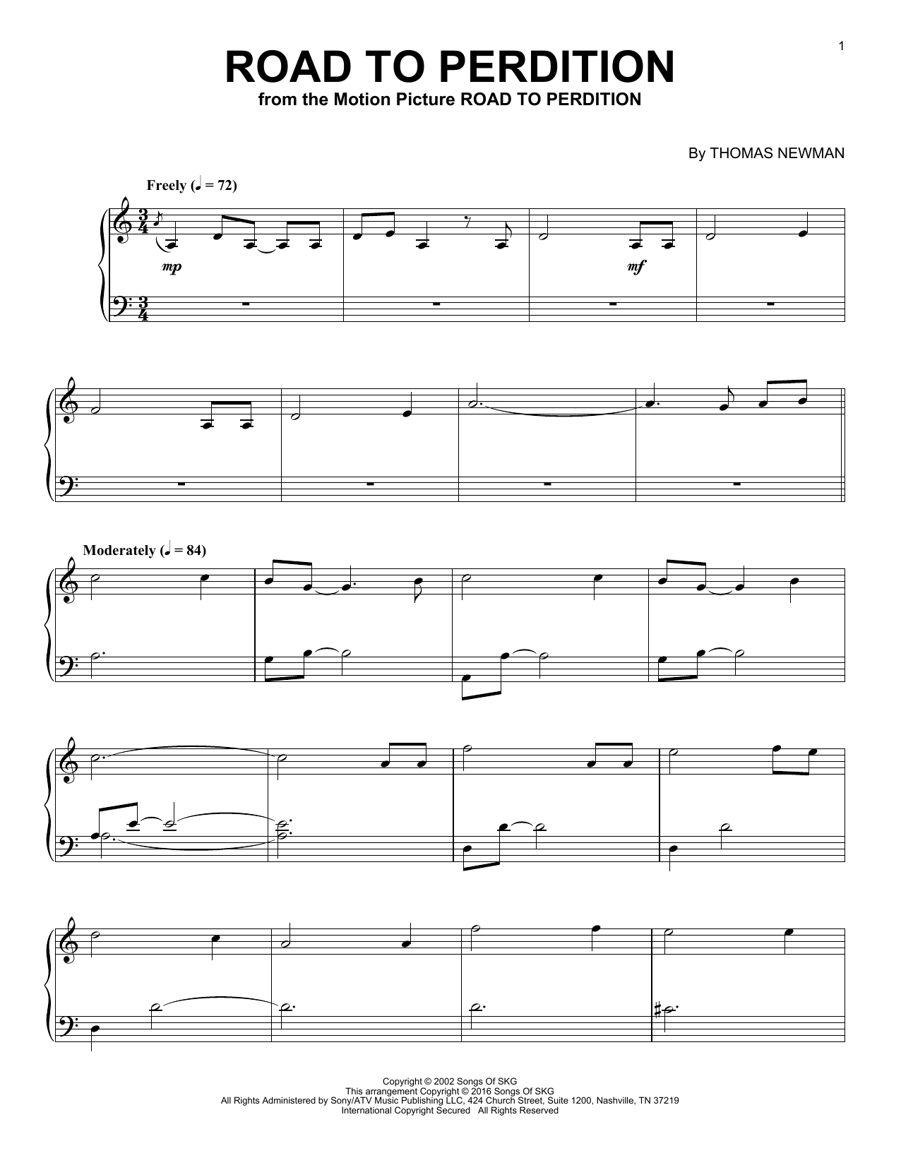 Thomas Newman Road To Perdition sheet music notes and chords arranged for Piano Solo