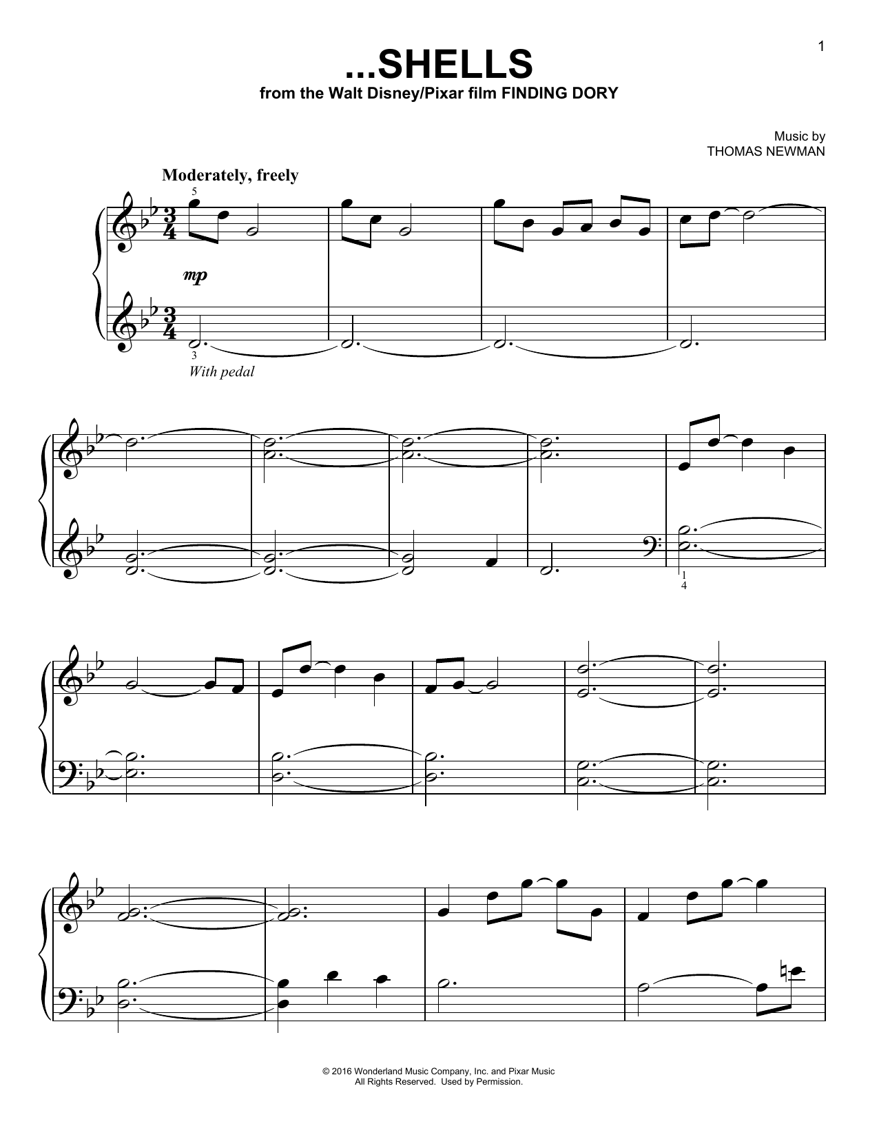 Thomas Newman ...Shells (from Finding Dory) sheet music notes and chords arranged for Easy Piano