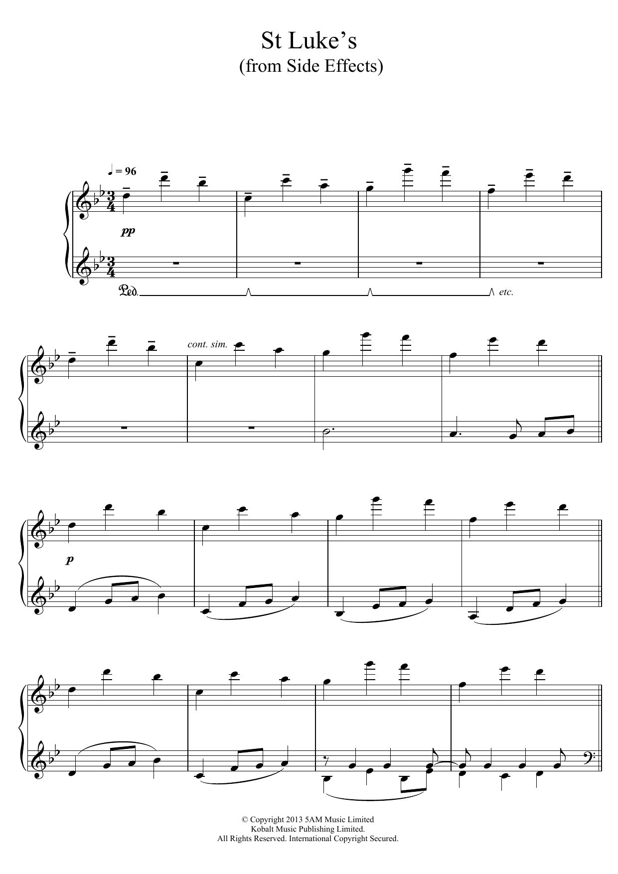 Thomas Newman St. Luke's (From 'Side Effects') sheet music notes and chords arranged for Piano Solo