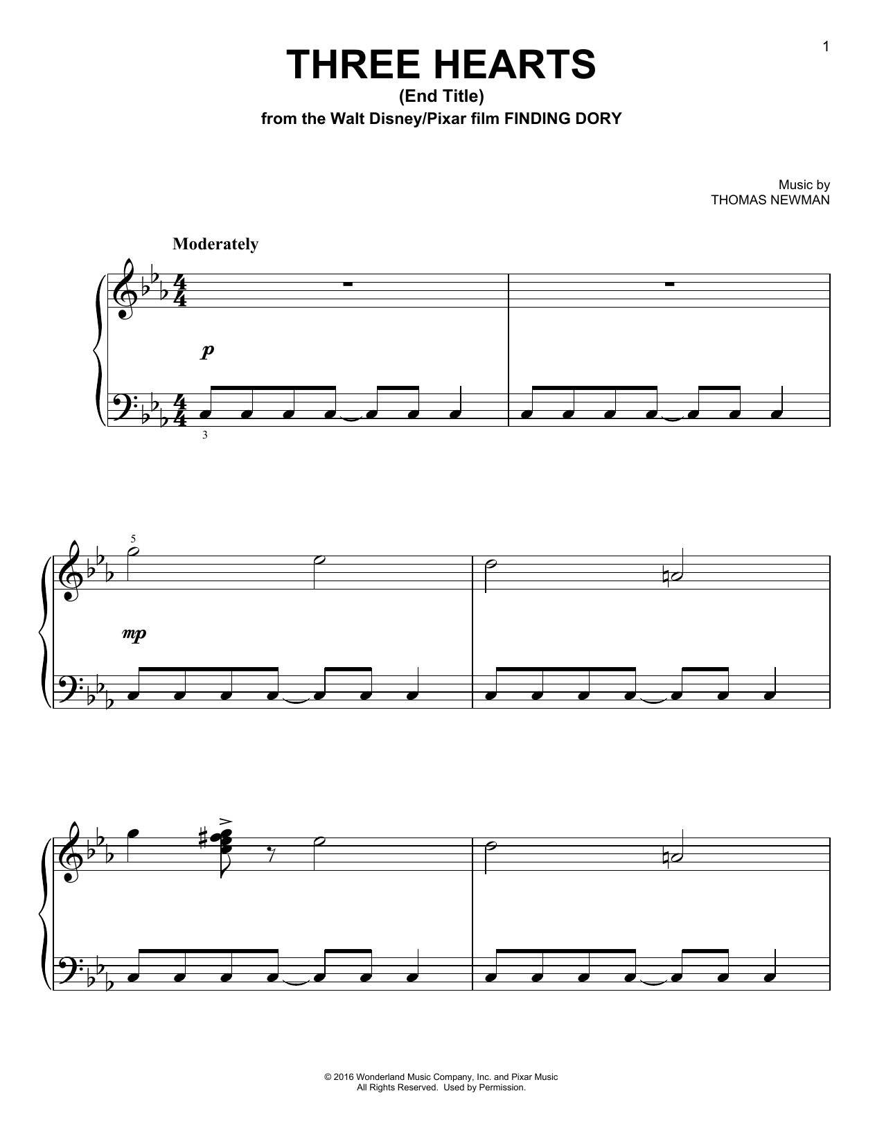 Thomas Newman Three Hearts (End Title) (from Finding Dory) sheet music notes and chords arranged for Easy Piano