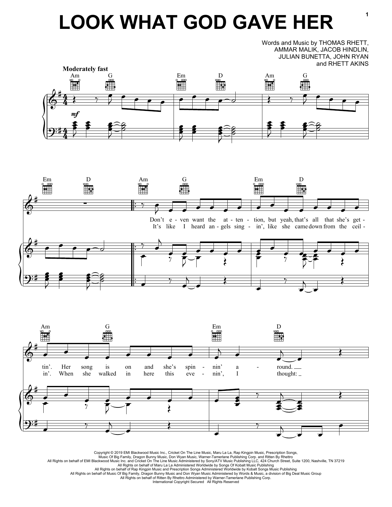 Thomas Rhett Look What God Gave Her sheet music notes and chords arranged for Piano, Vocal & Guitar Chords (Right-Hand Melody)
