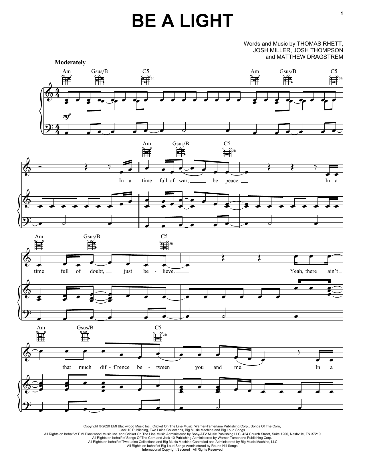 Thomas Rhett, Reba McEntire, Hillary Scott, Chris Tomlin and Keith Urban Be A Light sheet music notes and chords arranged for Piano, Vocal & Guitar Chords (Right-Hand Melody)