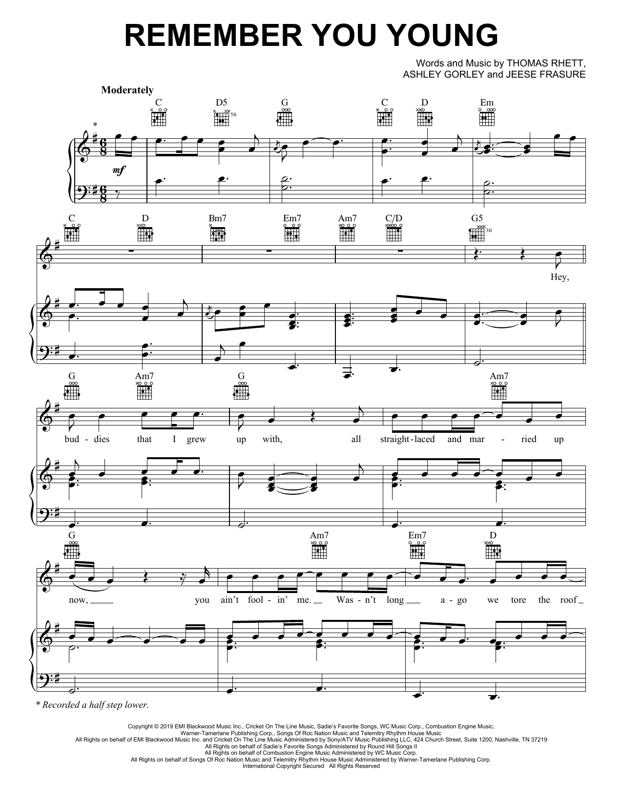 Thomas Rhett Remember You Young sheet music notes and chords arranged for Piano, Vocal & Guitar Chords (Right-Hand Melody)