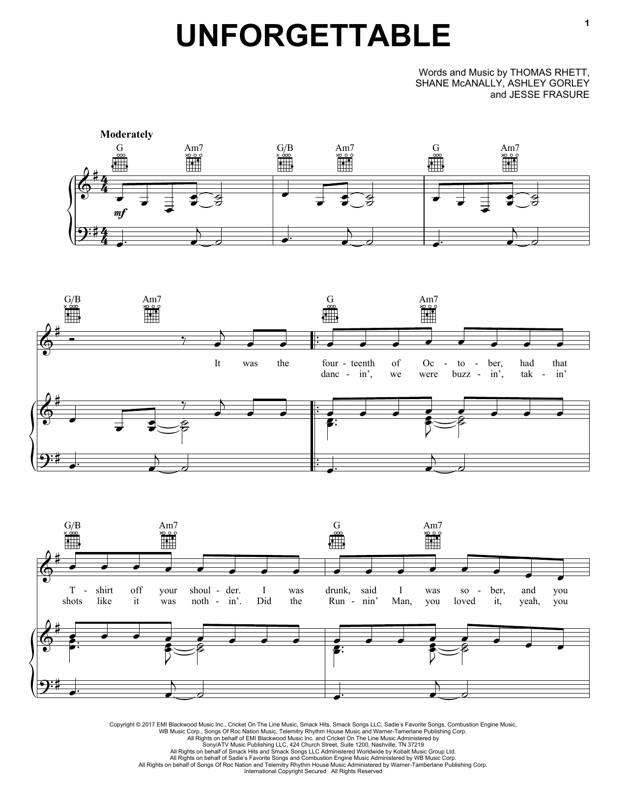 Thomas Rhett Unforgettable sheet music notes and chords arranged for Piano, Vocal & Guitar Chords (Right-Hand Melody)