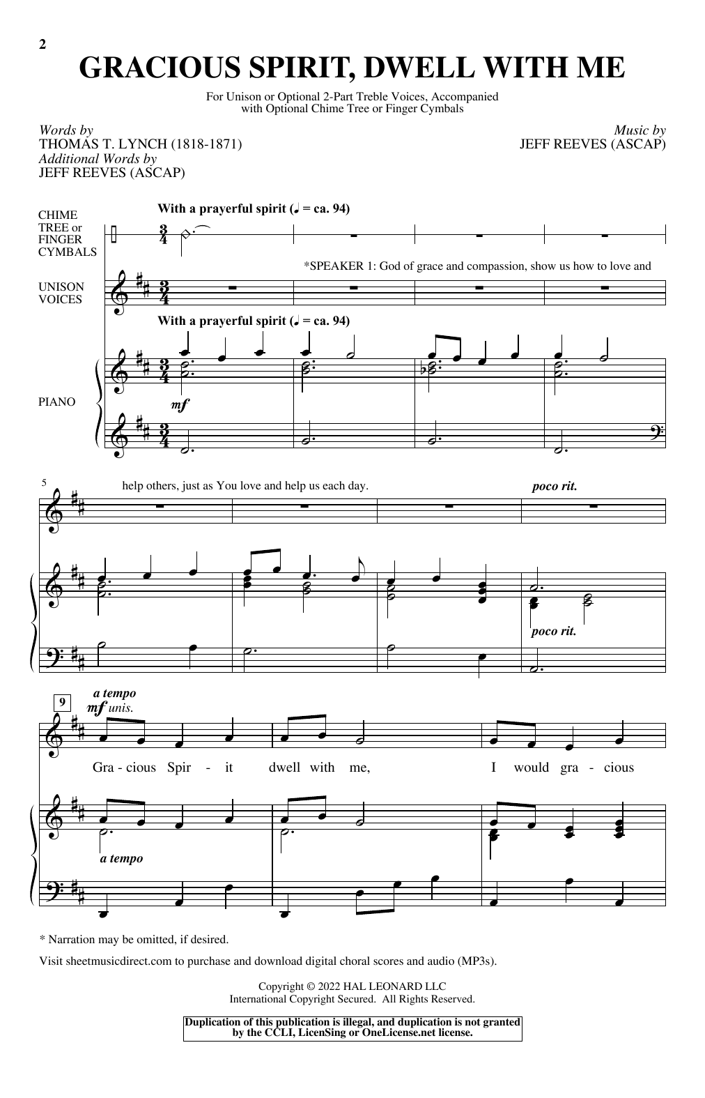 Thomas T. Lynch and Jeff Reeves Gracious Spirit, Dwell With Me sheet music notes and chords arranged for Unison Choir