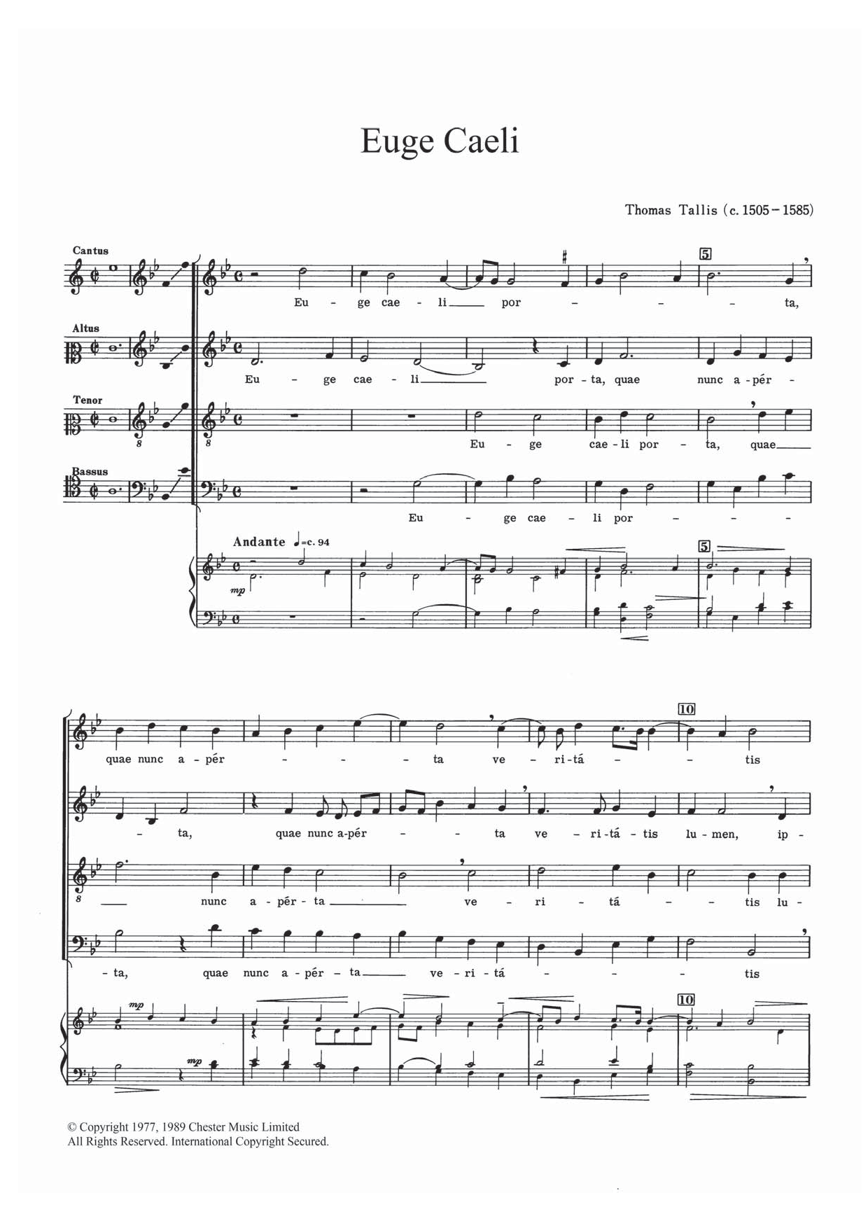 Thomas Tallis Euge Caeli sheet music notes and chords arranged for SATB Choir