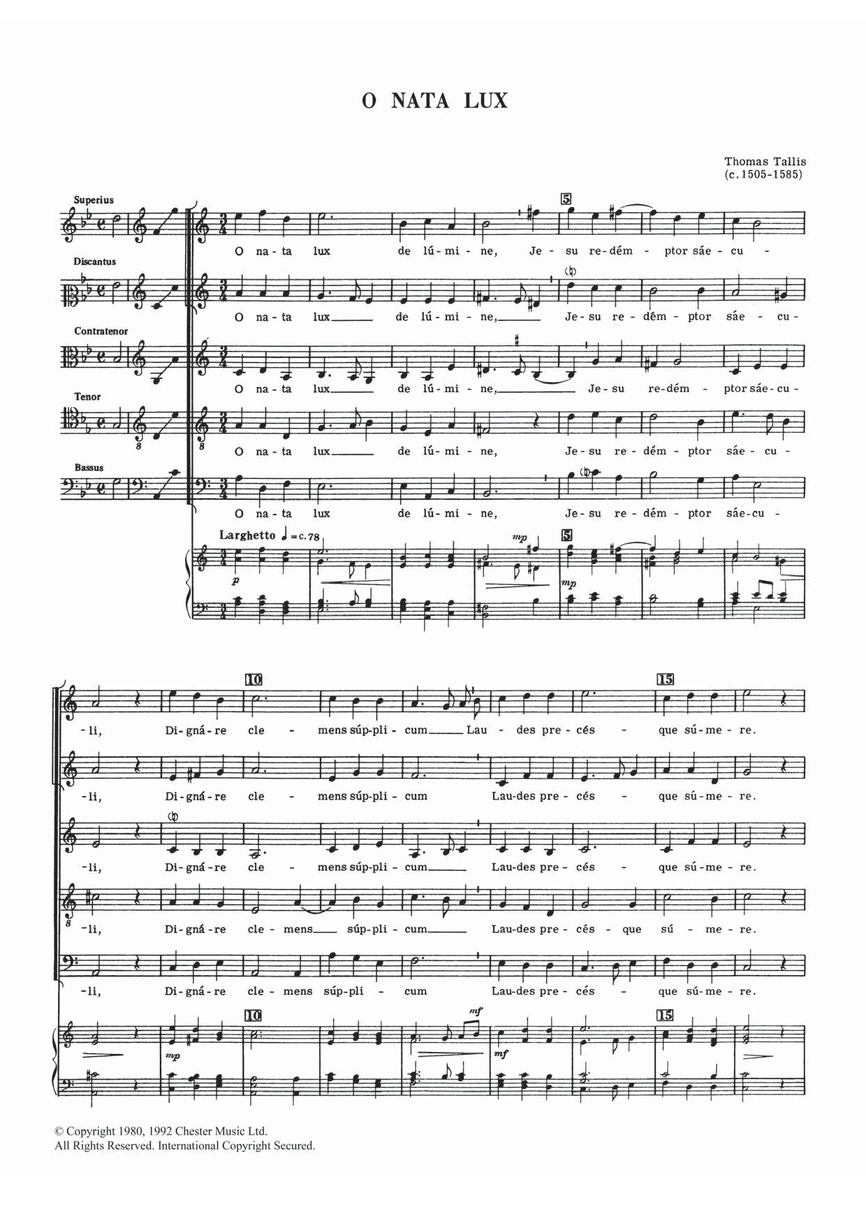 Thomas Tallis O Nata Lux sheet music notes and chords arranged for Piano, Vocal & Guitar Chords