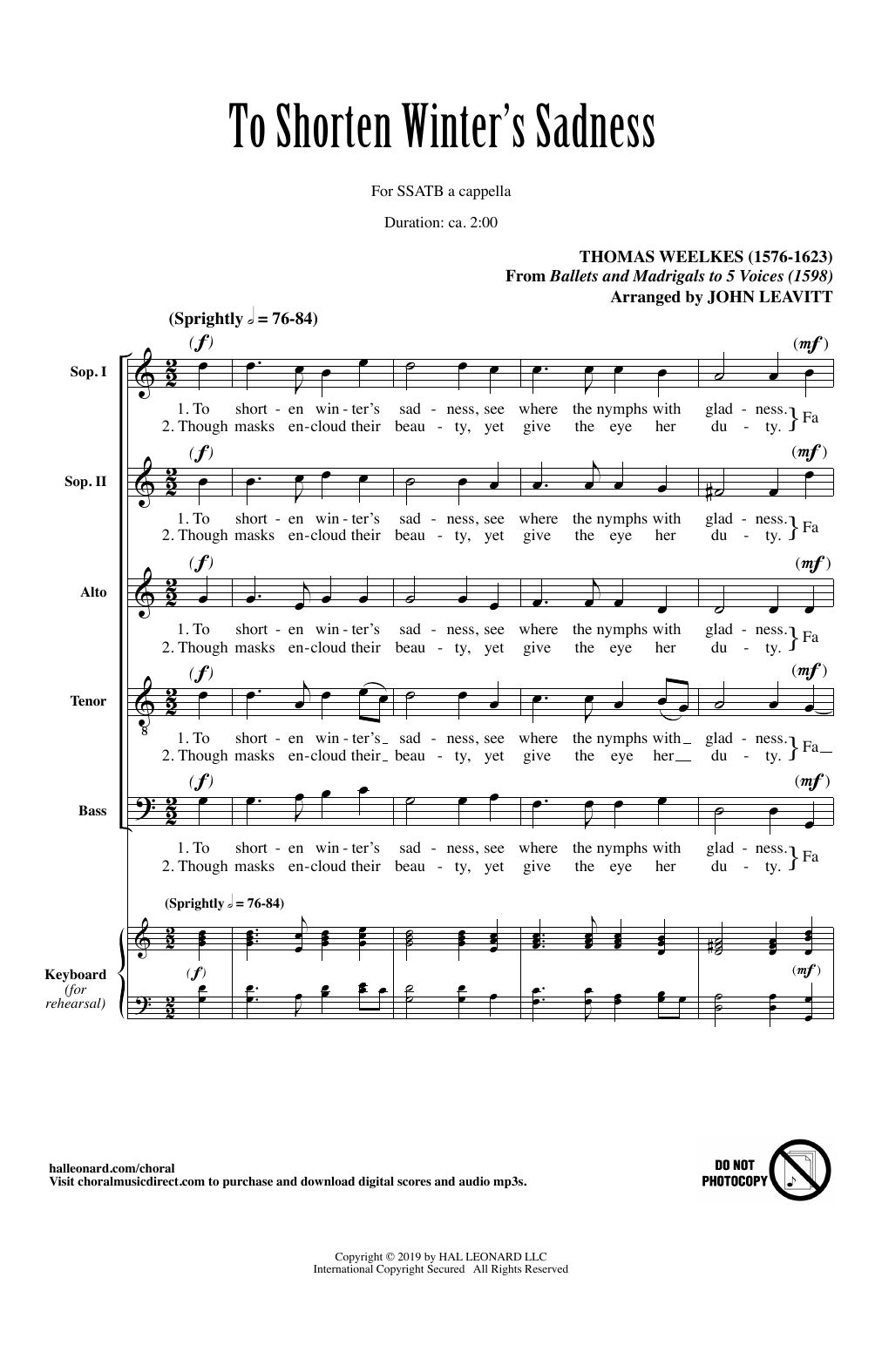 Thomas Weelkes To Shorten Winter's Sadness (arr. John Leavitt) sheet music notes and chords arranged for SATB Choir